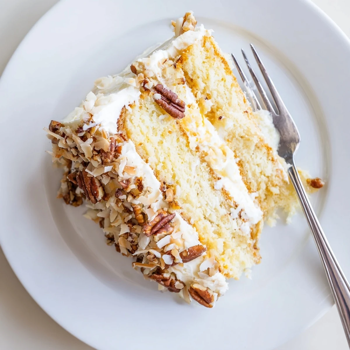Golden slice of Quick Italian Cream Cake topped with toasted coconut and pecans