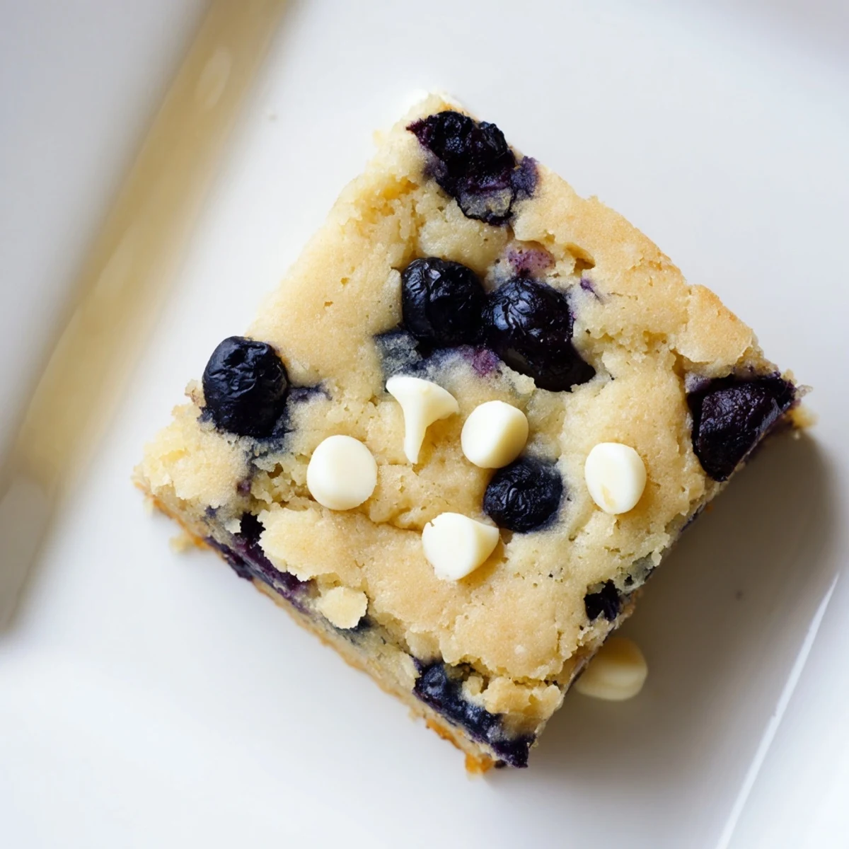 Golden blueberry blondies topped with white chocolate chips, fresh berries, and powdered sugar