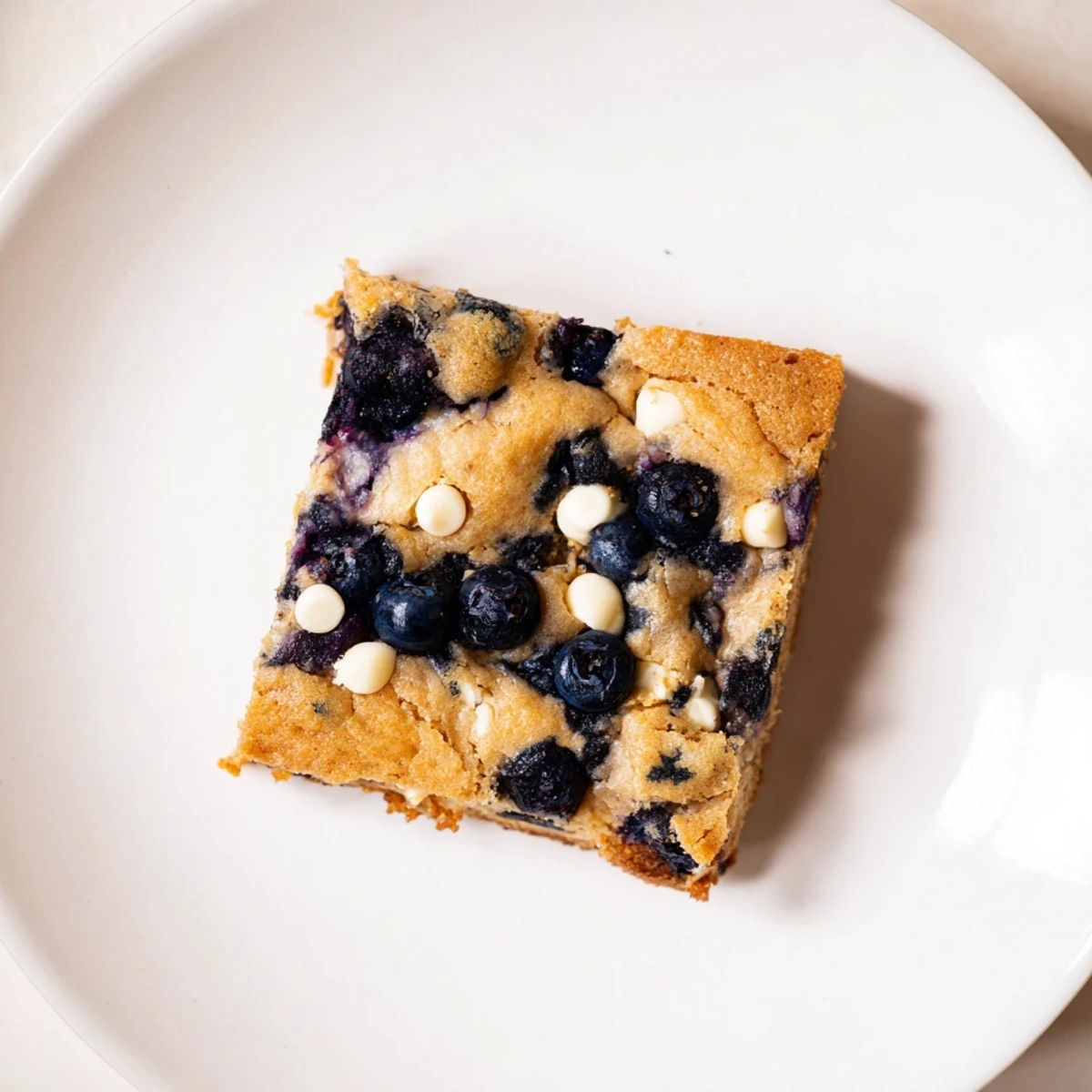 Homemade blueberry blondies cut into squares showing juicy blueberries throughout the golden blondie texture
