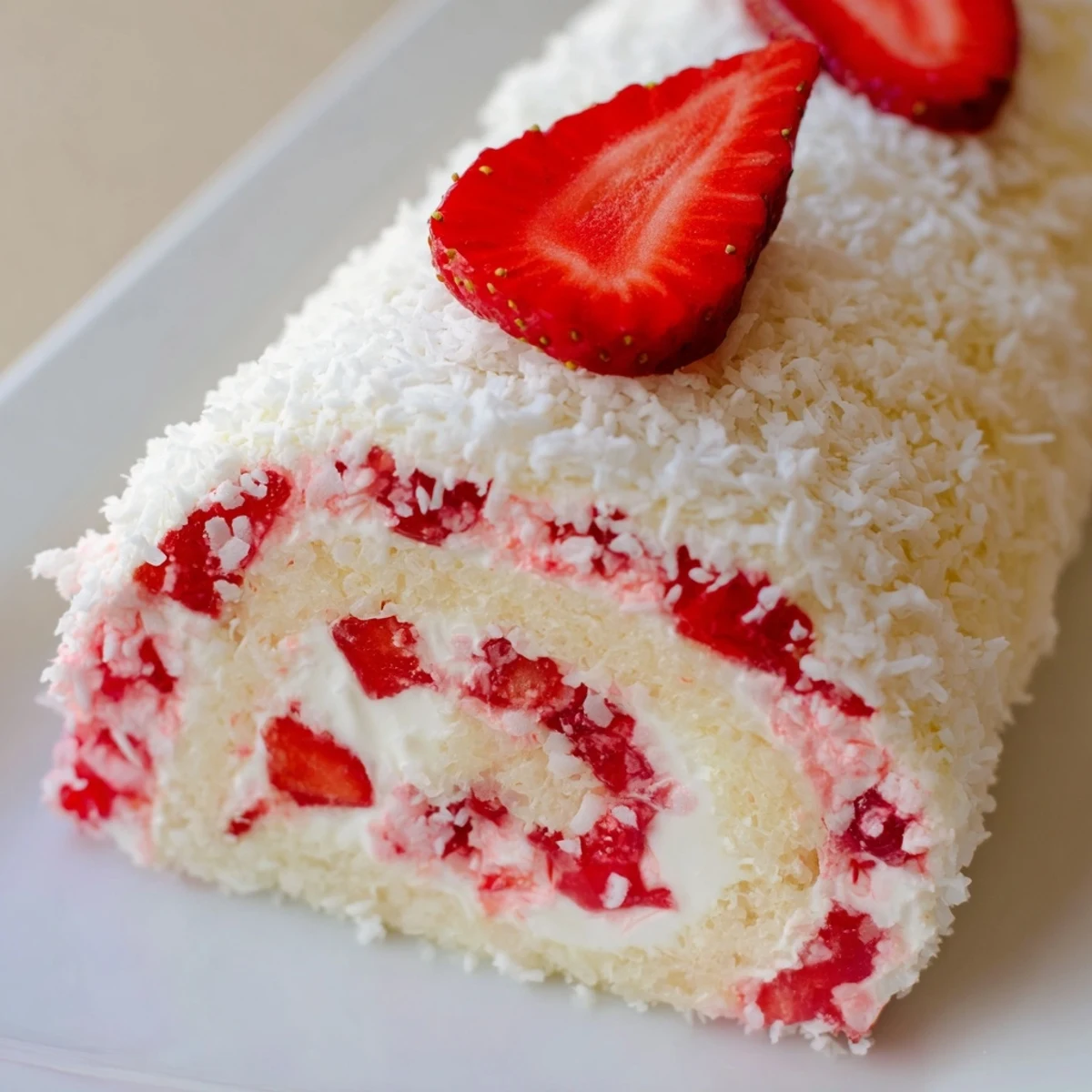 Golden sponge cake rolls filled with whipped cream and fresh diced strawberries resembling sushi pieces