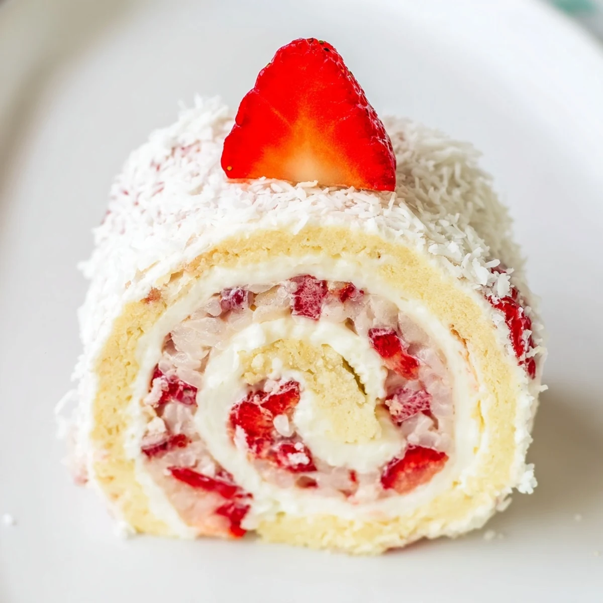 Whimsical strawberry shortcake sushi rolls with coconut edges and fresh strawberry garnish
