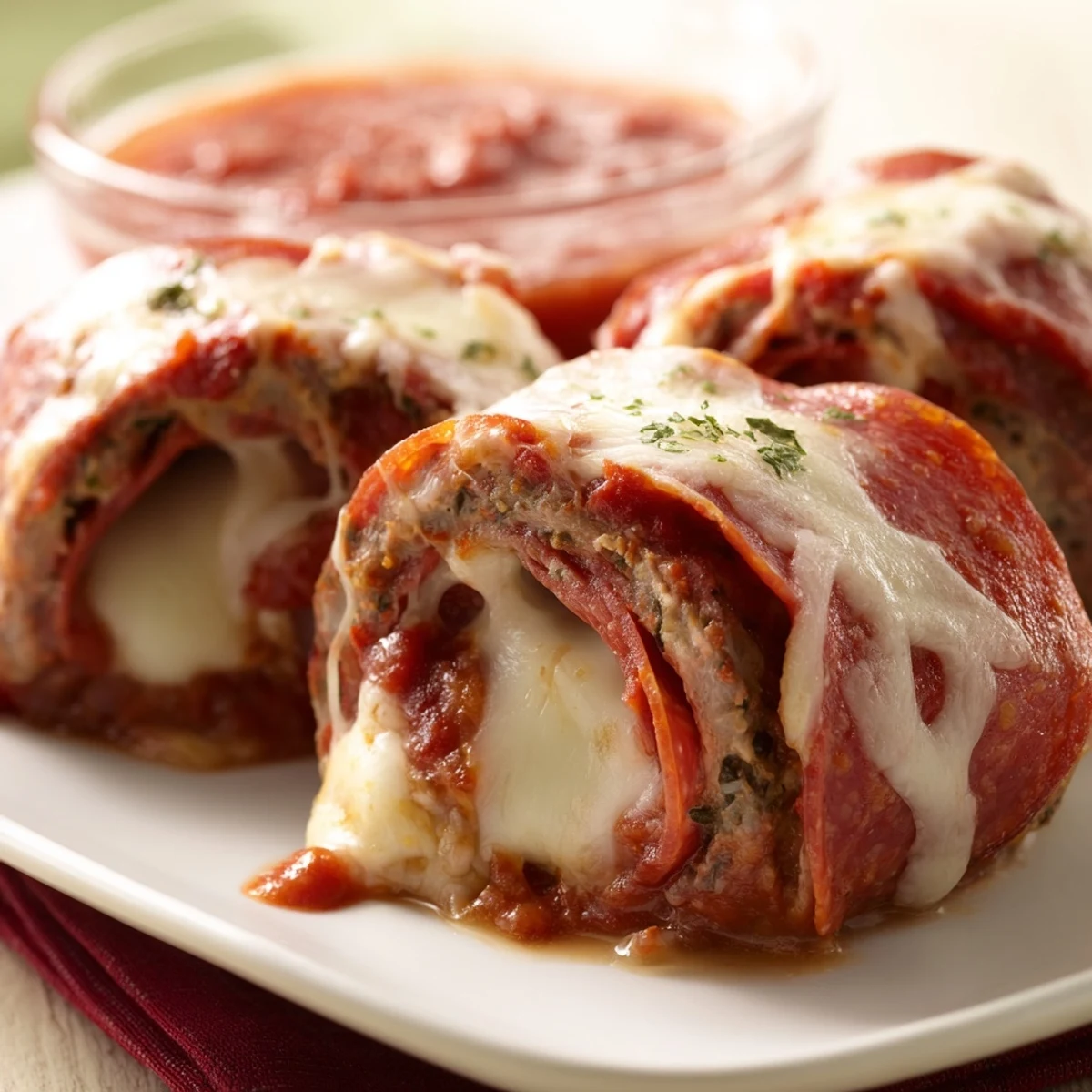 Golden brown keto beef pepperoni cheese roll ups with melted mozzarella on a white baking sheet