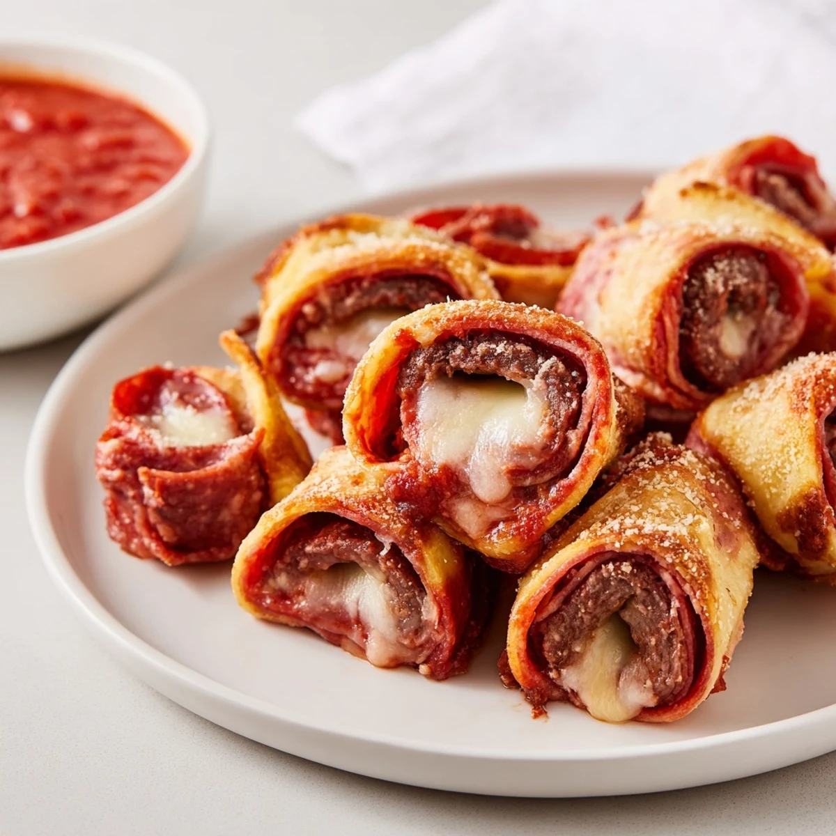 Savory low-carb beef roll ups sliced open revealing pepperoni and gooey cheese centers