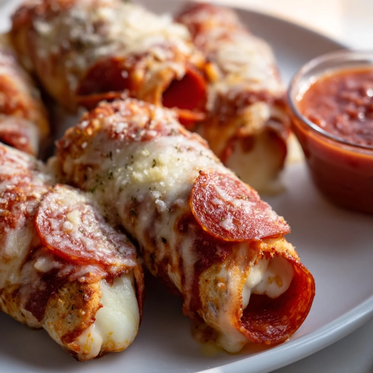 Baked keto beef pepperoni cheese roll ups sprinkled with parmesan and served with marinara dipping sauce