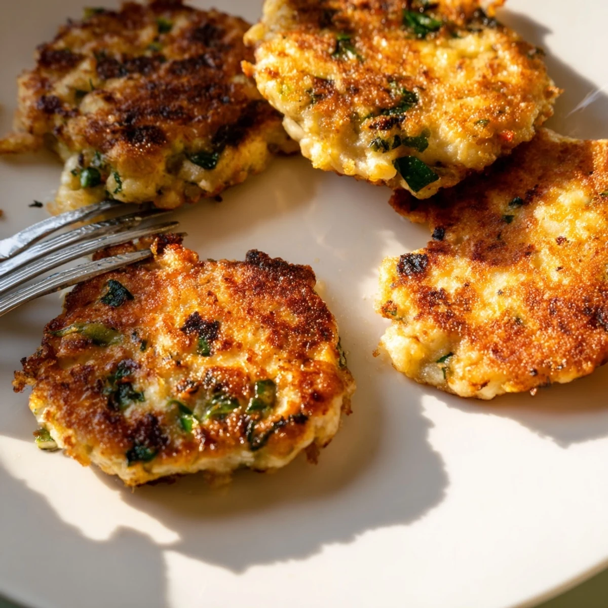 Crispy low carb chicken fritters topped with melted mozzarella and chopped parsley