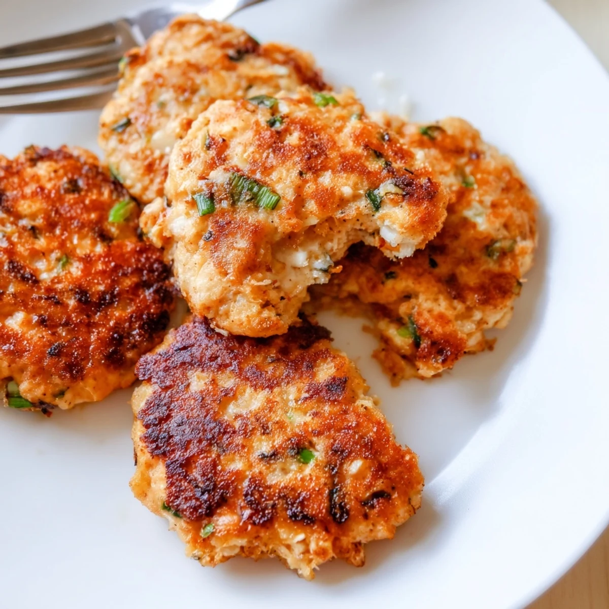 Golden brown keto cheesy chicken fritters served on a white plate with fresh green garnish