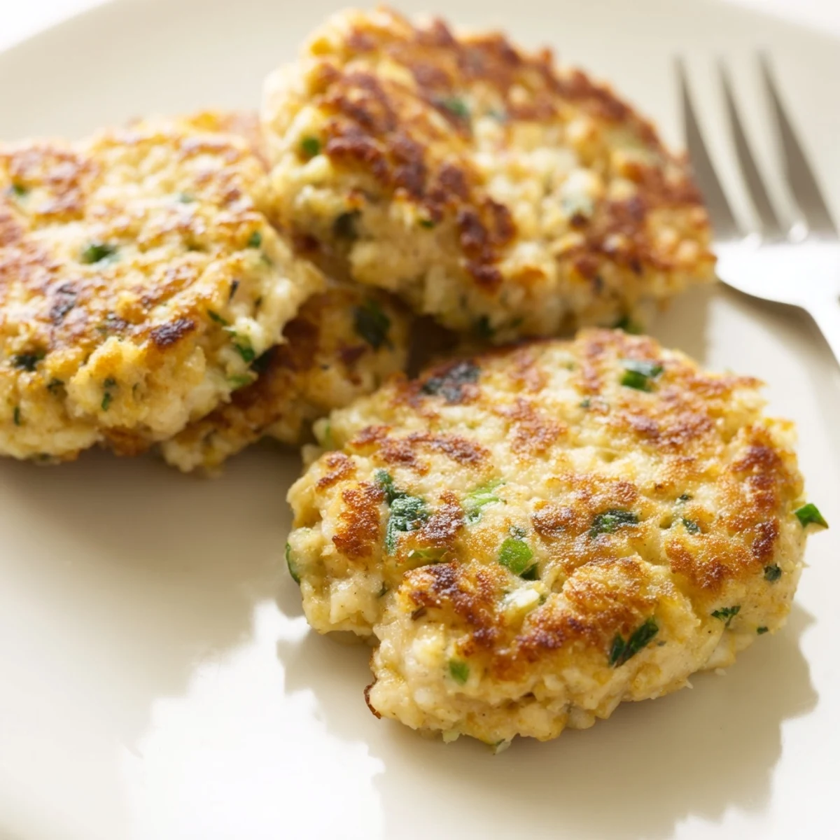 Pan-fried keto chicken fritters arranged on a wooden board with dollop of sour cream