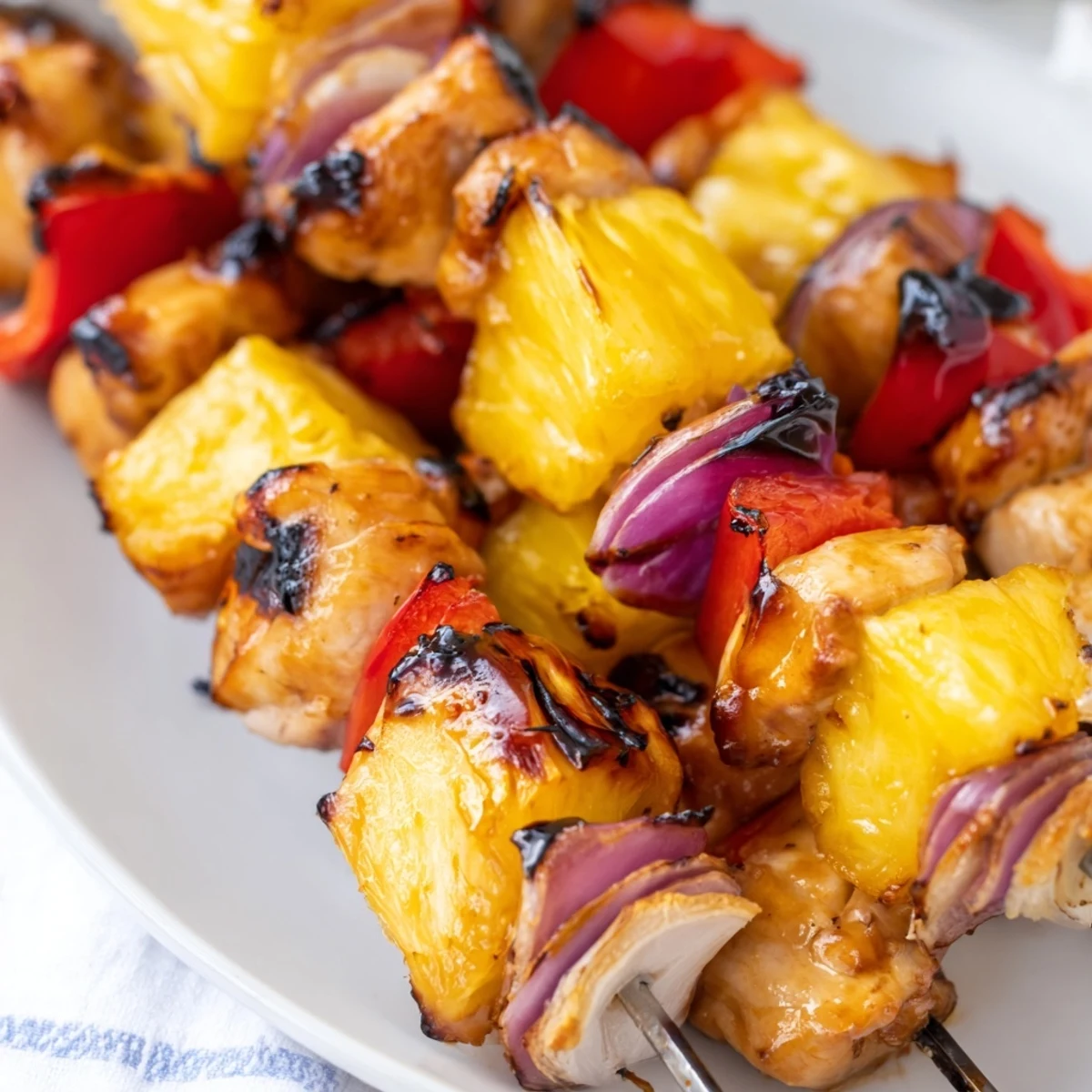 Golden grilled pineapple chicken kabobs featuring juicy marinated meat and caramelized tropical fruit chunks on skewers