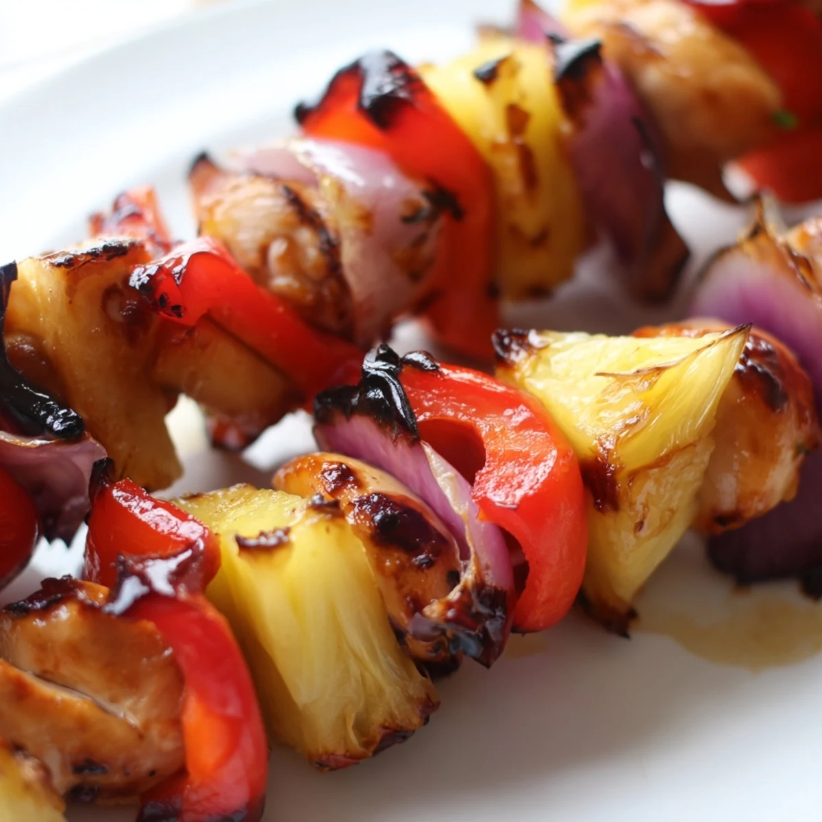 Vibrant pineapple chicken kabobs with charred vegetables and sweet glazed fruit pieces fresh off the grill