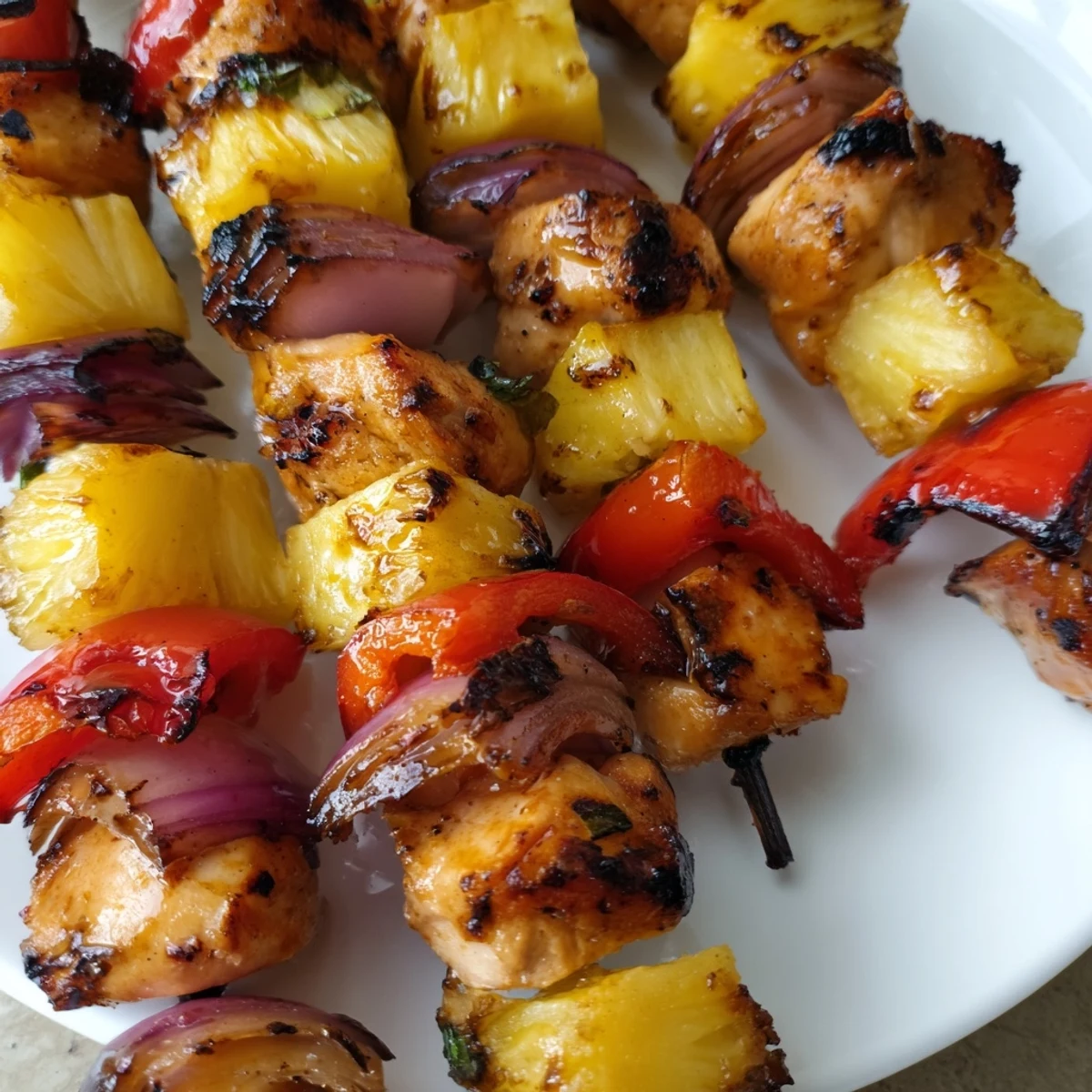 Colorful threaded skewers loaded with tender chicken pineapple chunks and crisp bell peppers ready for summer grilling