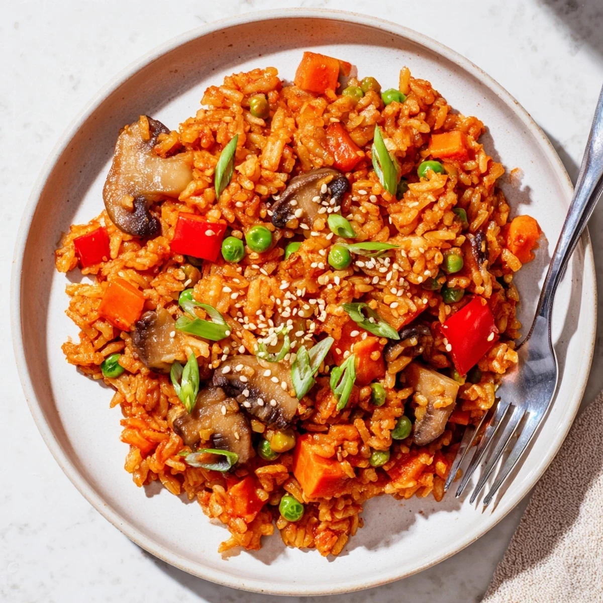 Vegan gochujang fried rice with colorful vegetables in a red spicy sauce