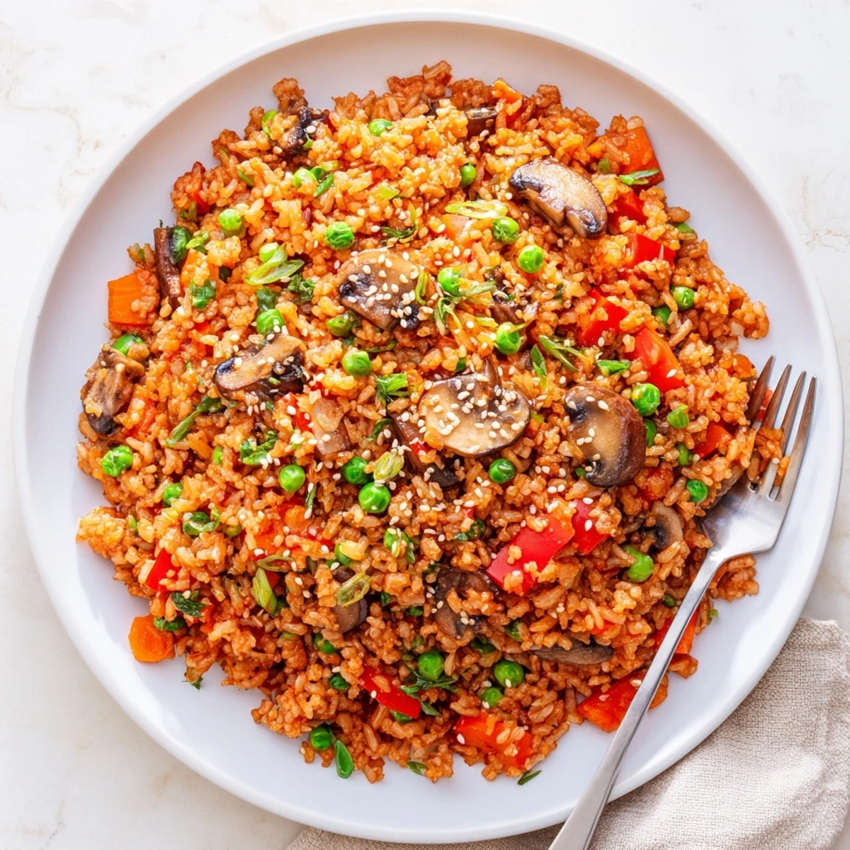 Steaming plate of Korean-inspired vegan gochujang fried rice garnished with sesame seeds