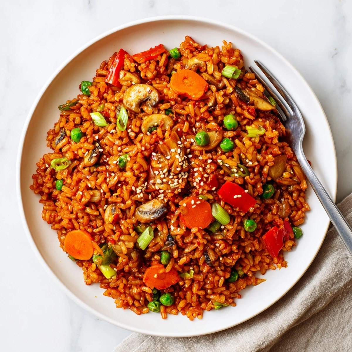 Wok full of spicy vegan gochujang fried rice with crisp mixed vegetables