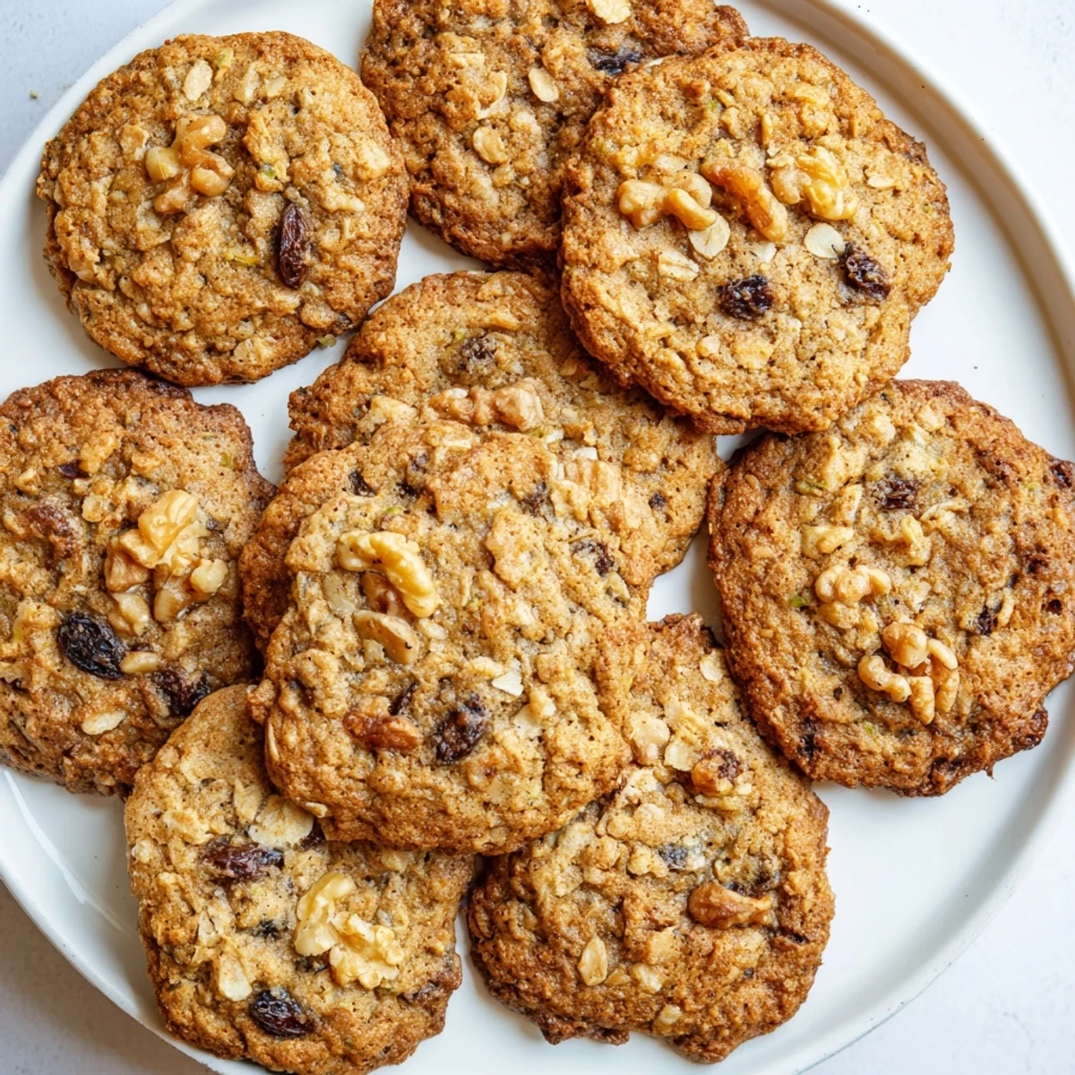 Golden brown zucchini bread breakfast cookies topped with chopped walnuts and oats on a wooden board