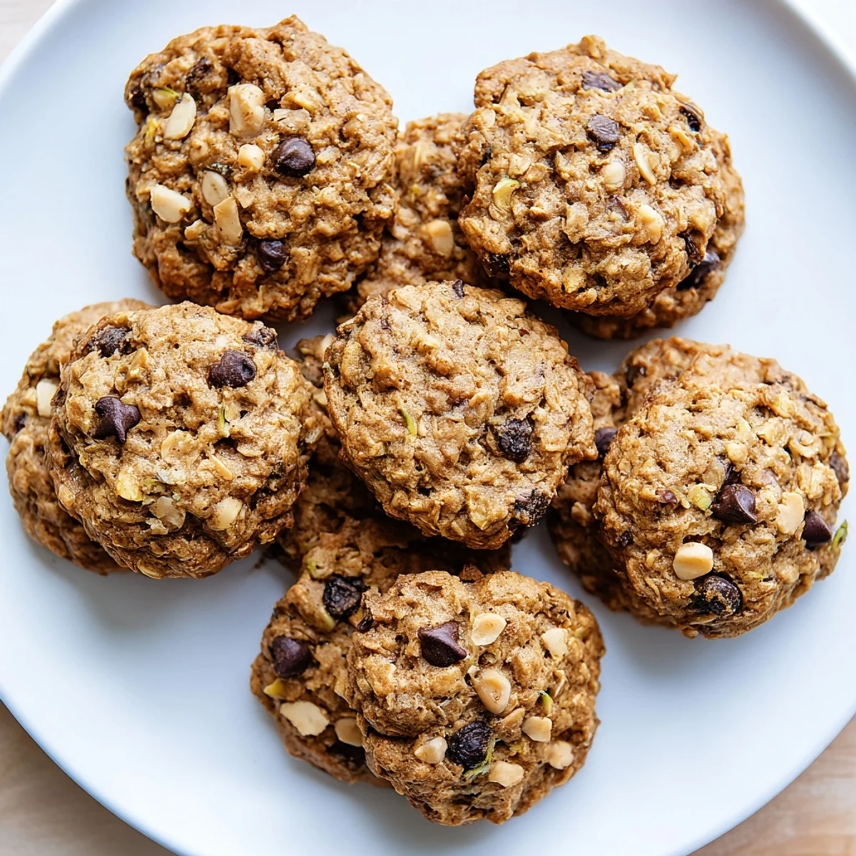 Homemade zucchini bread breakfast cookies with visible shredded zucchini, cinnamon dusting, and nutty texture
