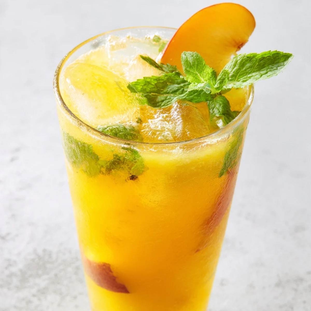 Refreshing peach lemonade drink in a glass pitcher with floating ice cubes and fresh peach slices