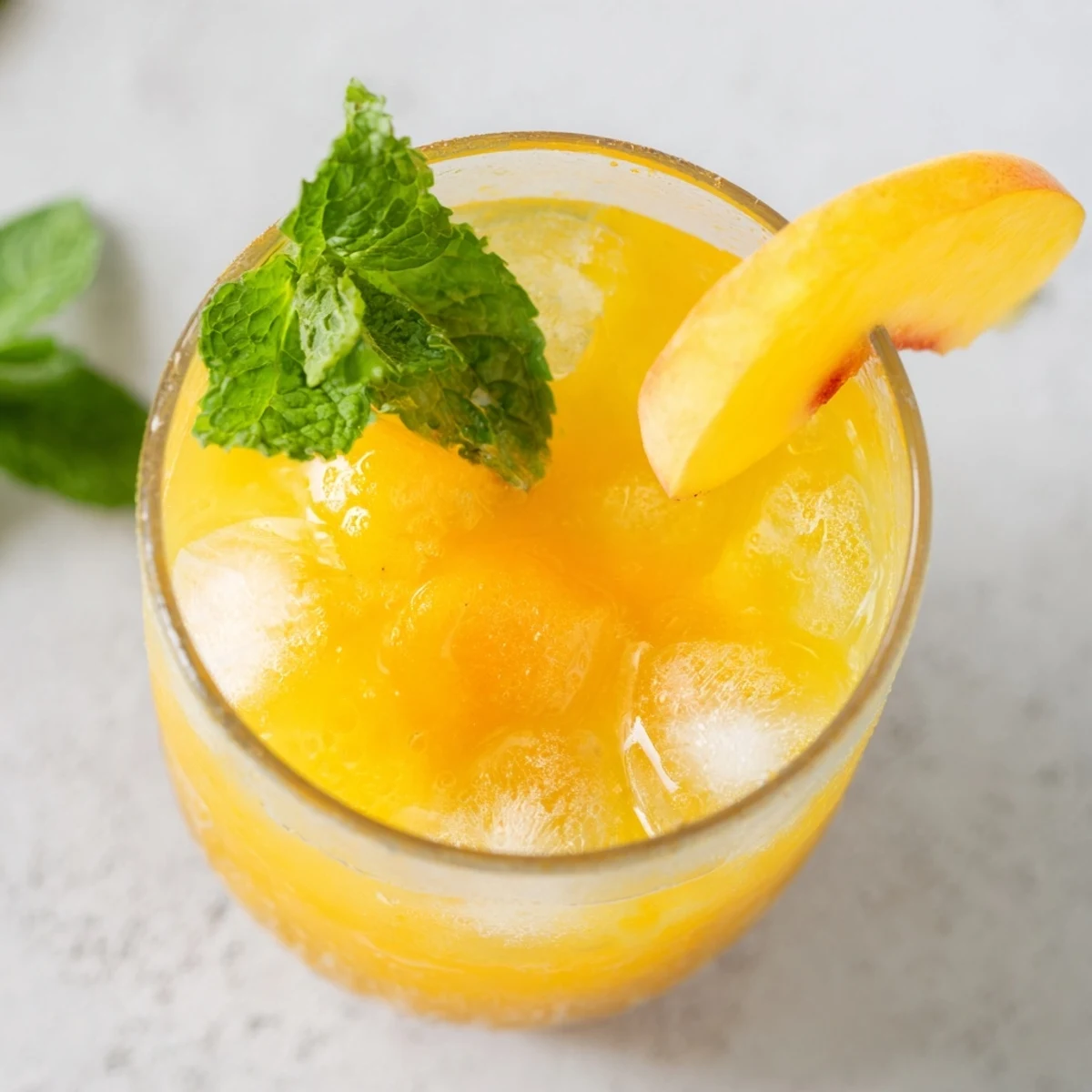 Golden peach lemonade drink garnished with mint leaves and lemon wheels on a wooden table