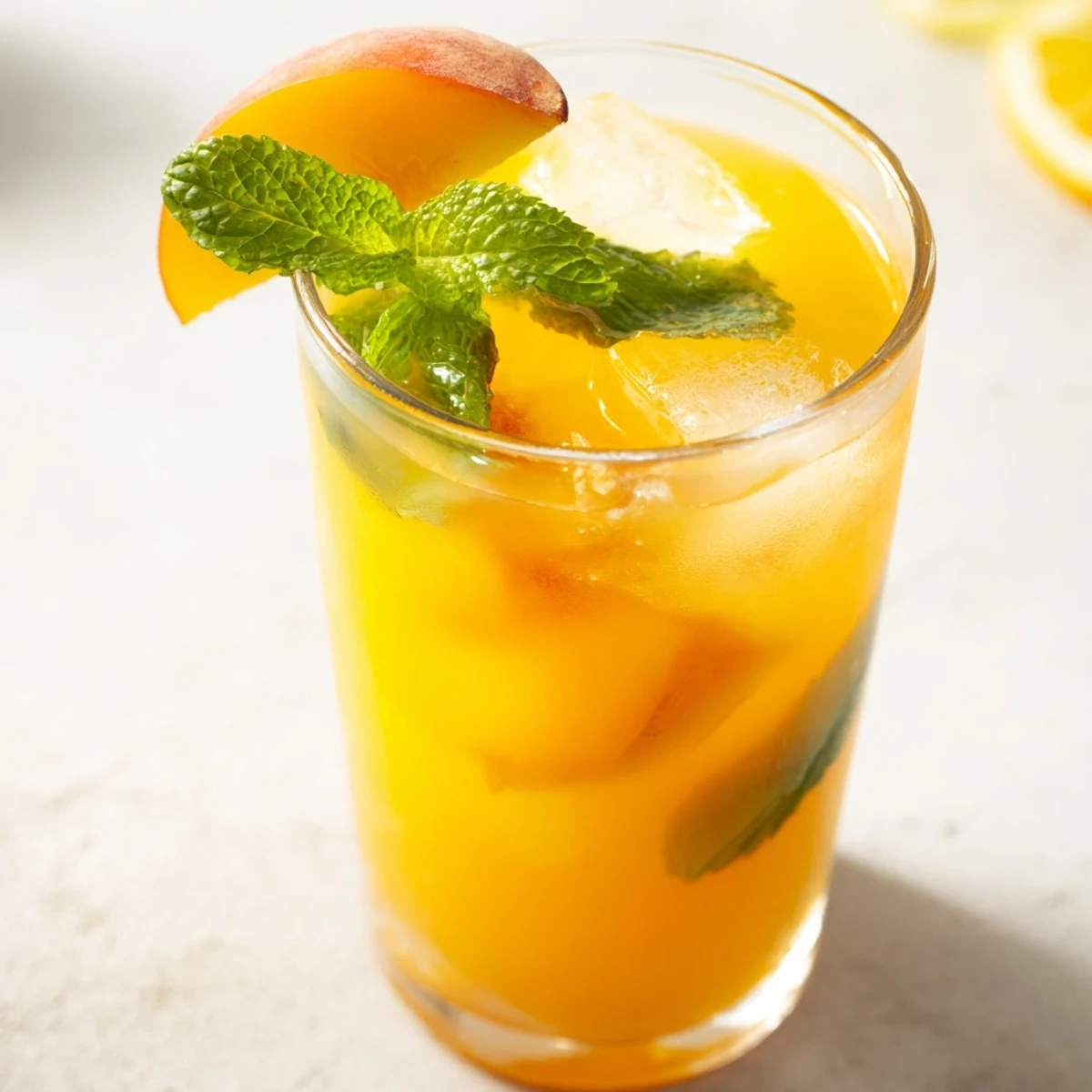 Vibrant peach lemonade drink served over ice with fresh peach wedge and mint spruce garnish