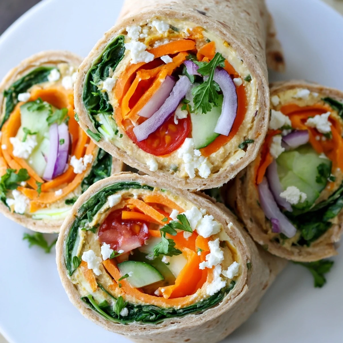 Golden whole wheat veggie wrap with hummus and colorful sliced vegetables rolled tightly