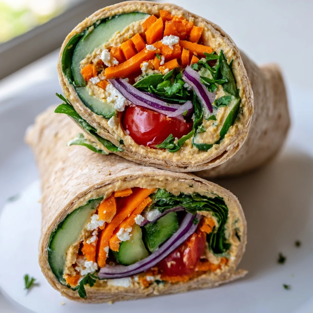 Homemade veggie wrap with hummus recipe featuring diagonal slice revealing vibrant vegetable layers