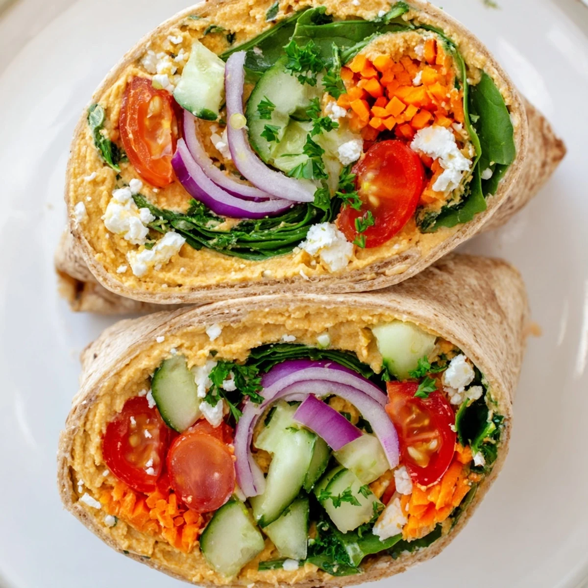 Fresh Mediterranean veggie wrap with hummus showcasing crisp peppers carrots and spinach filling