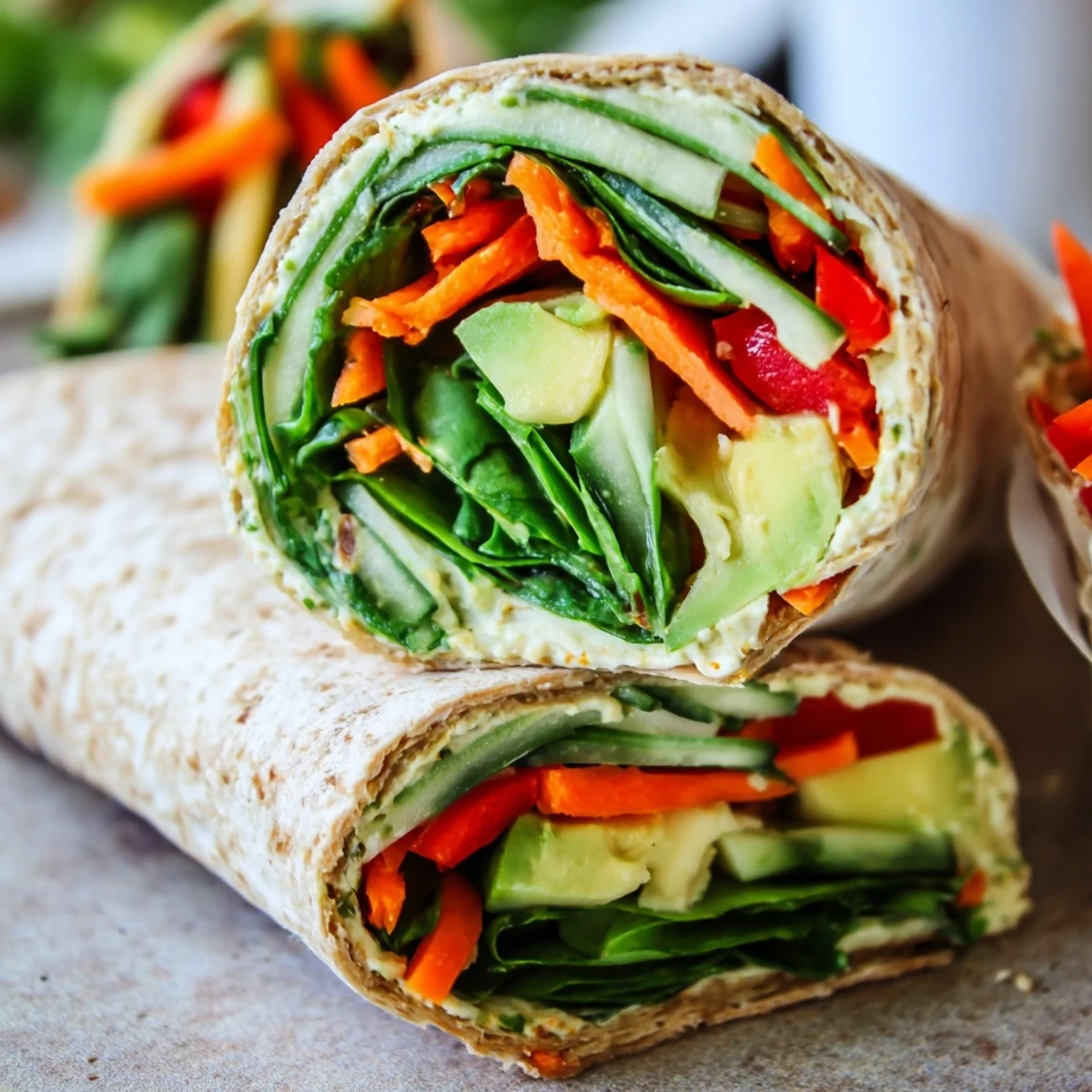 Vibrant spinach hummus lunch wraps sliced diagonally, showcasing colorful layers of fresh vegetables and creamy spread inside whole wheat tortillas