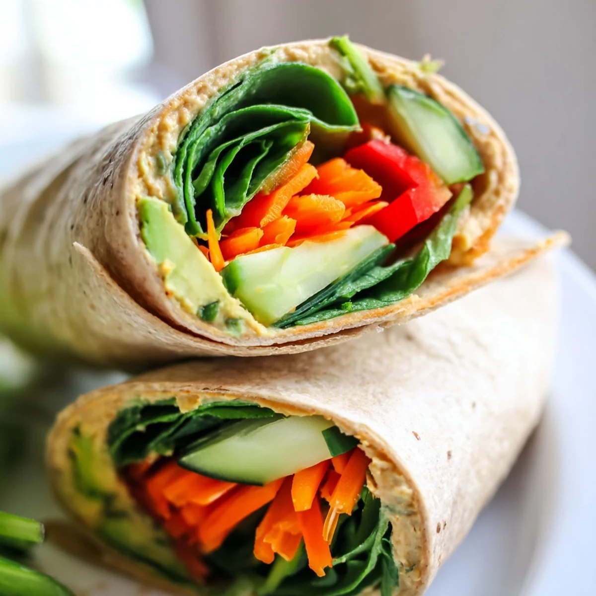Mediterranean-style spinach hummus lunch wraps featuring crisp bell peppers, cucumber, carrots, and avocado rolled in soft flour tortillas for easy portable meals