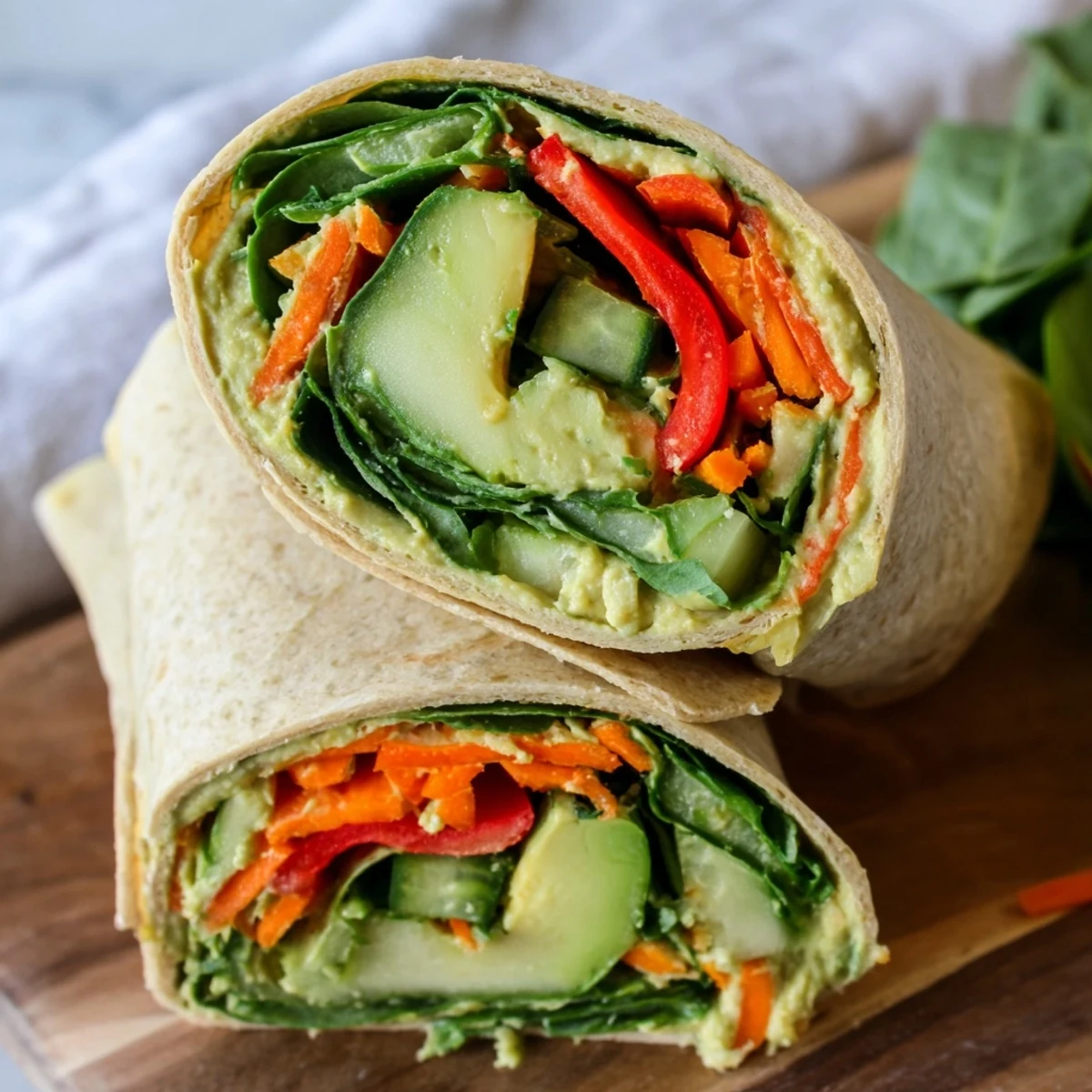 Fresh spinach hummus lunch wraps with julienned vegetables and ripe avocado filling whole grain tortillas, perfect for healthy vegetarian meal prep