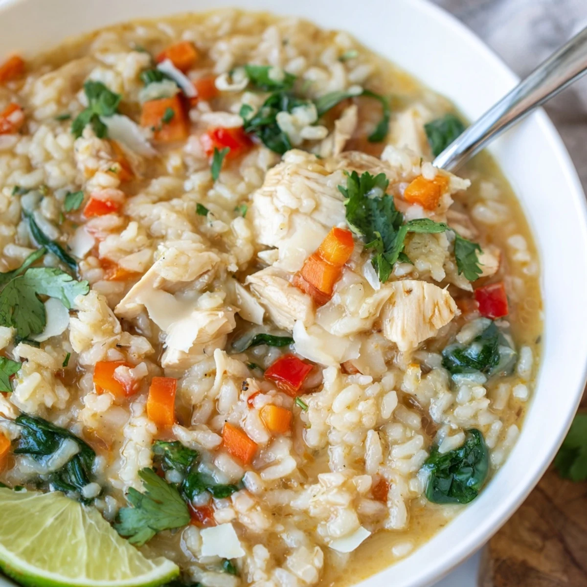 Tender chicken and fluffy rice float in Golden Coconut Chicken Rice Soup