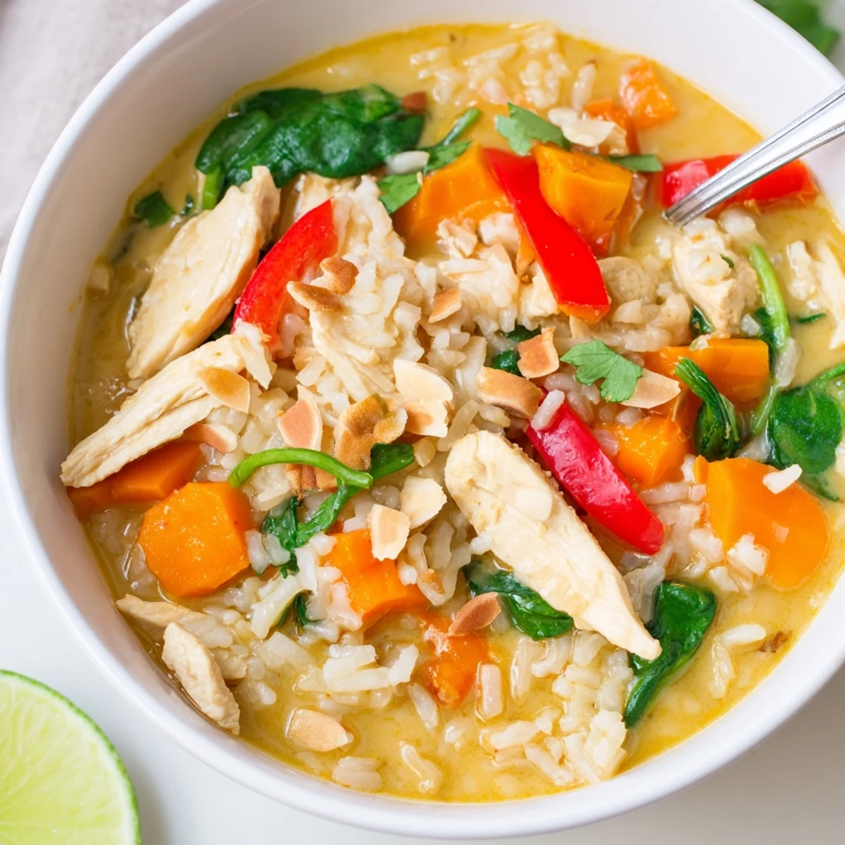 Steaming bowl of Golden Coconut Chicken Rice Soup, creamy turmeric golden broth