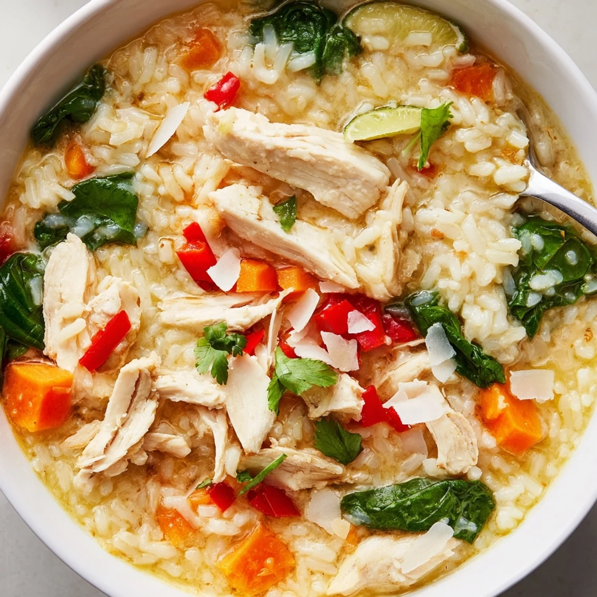 Golden Coconut Chicken Rice Soup garnished with cilantro, lime wedge, toasted coconut