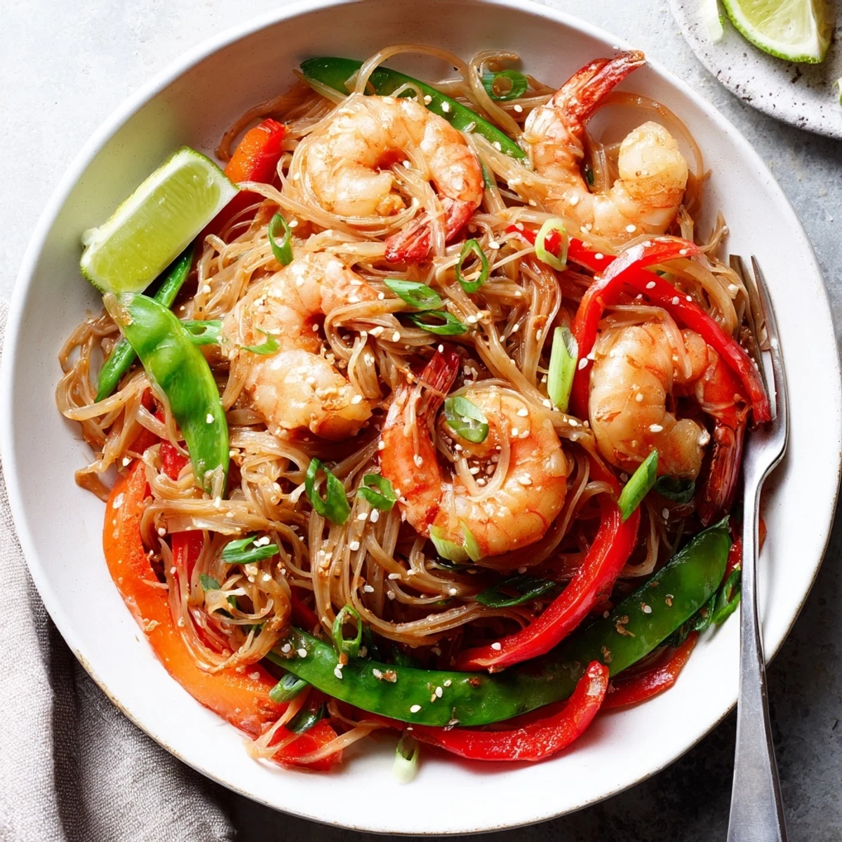 Spicy Garlic Shrimp Noodles Recipe piled on plate, glossy sauce, lime wedge.