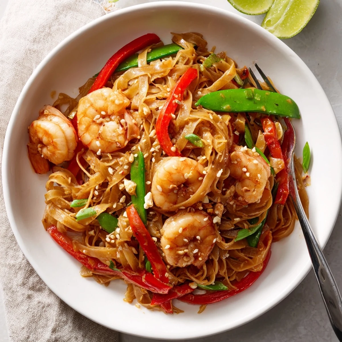 Steaming Spicy Garlic Shrimp Noodles Recipe tossed with crisp snow peas.