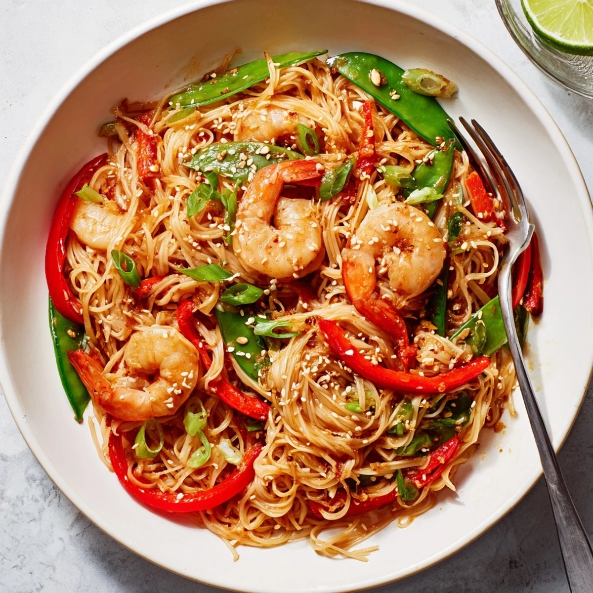 Weeknight Spicy Garlic Shrimp Noodles Recipe garnished with cilantro, sesame, and scallions.