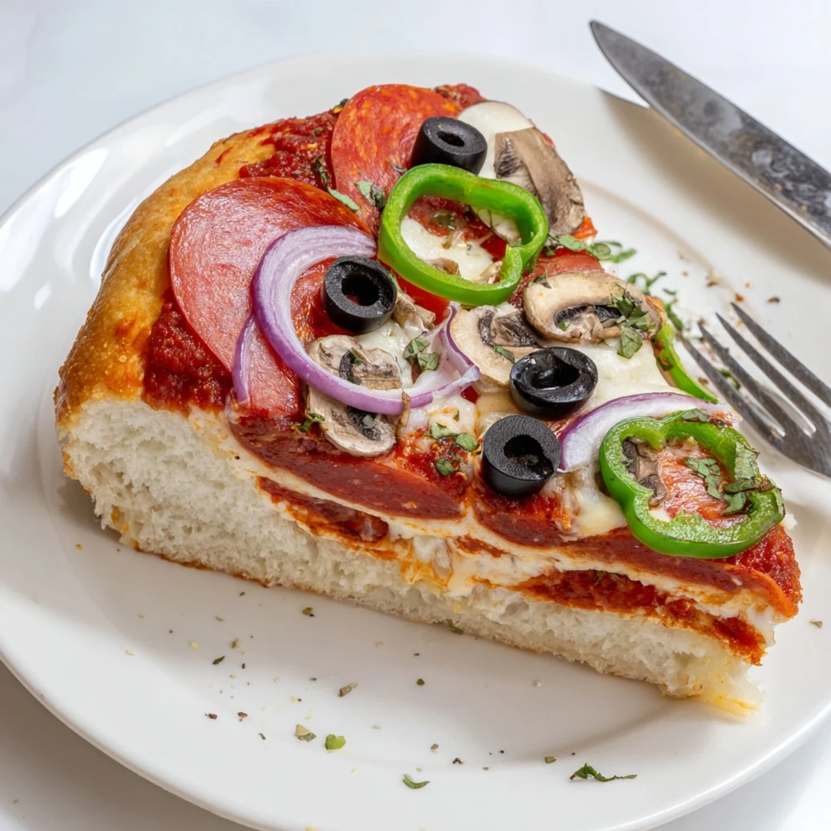 Focaccia Pizza Supreme on a baking sheet, golden crust, bubbling cheese