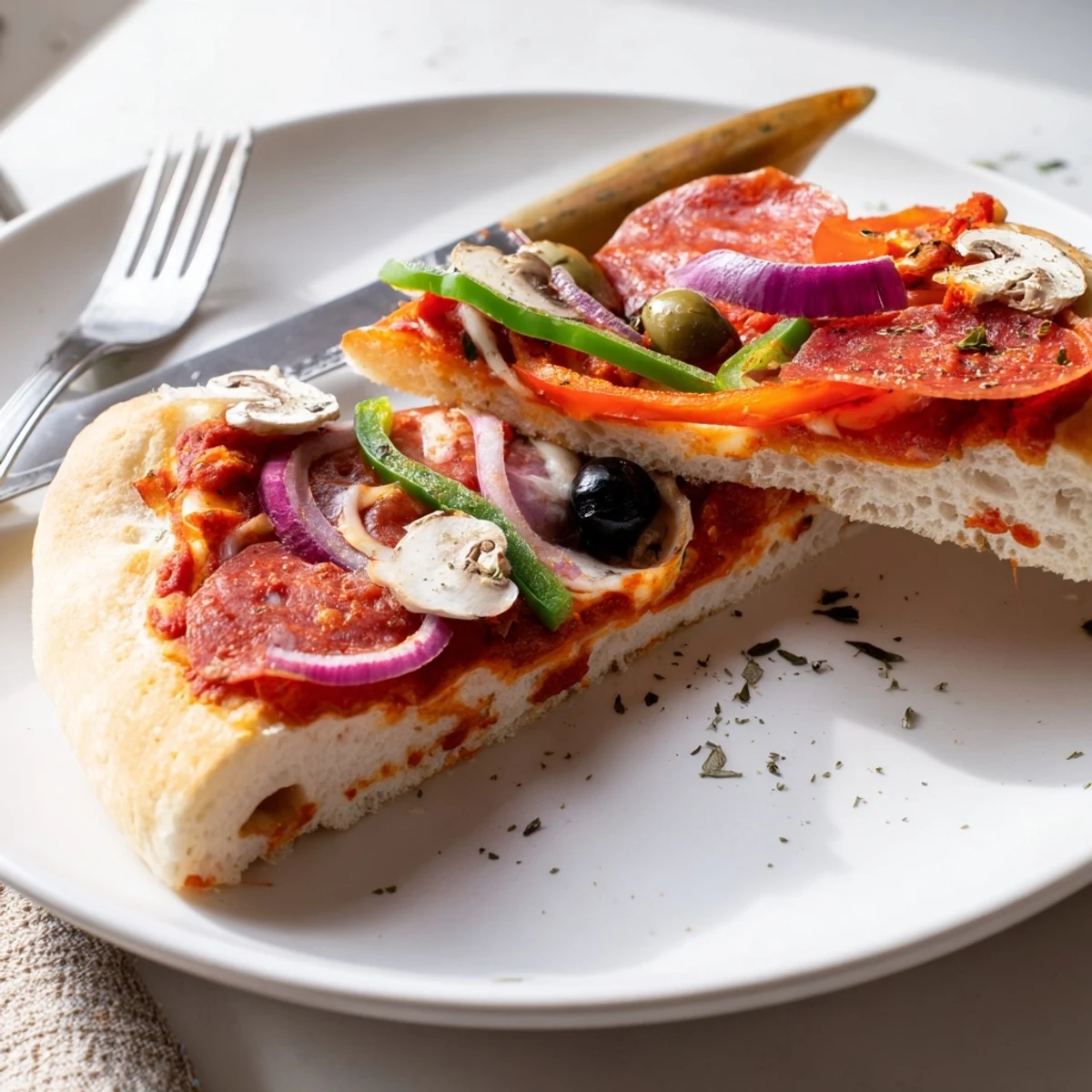 Sliced Focaccia Pizza Supreme topped with peppers, olives, and fresh basil