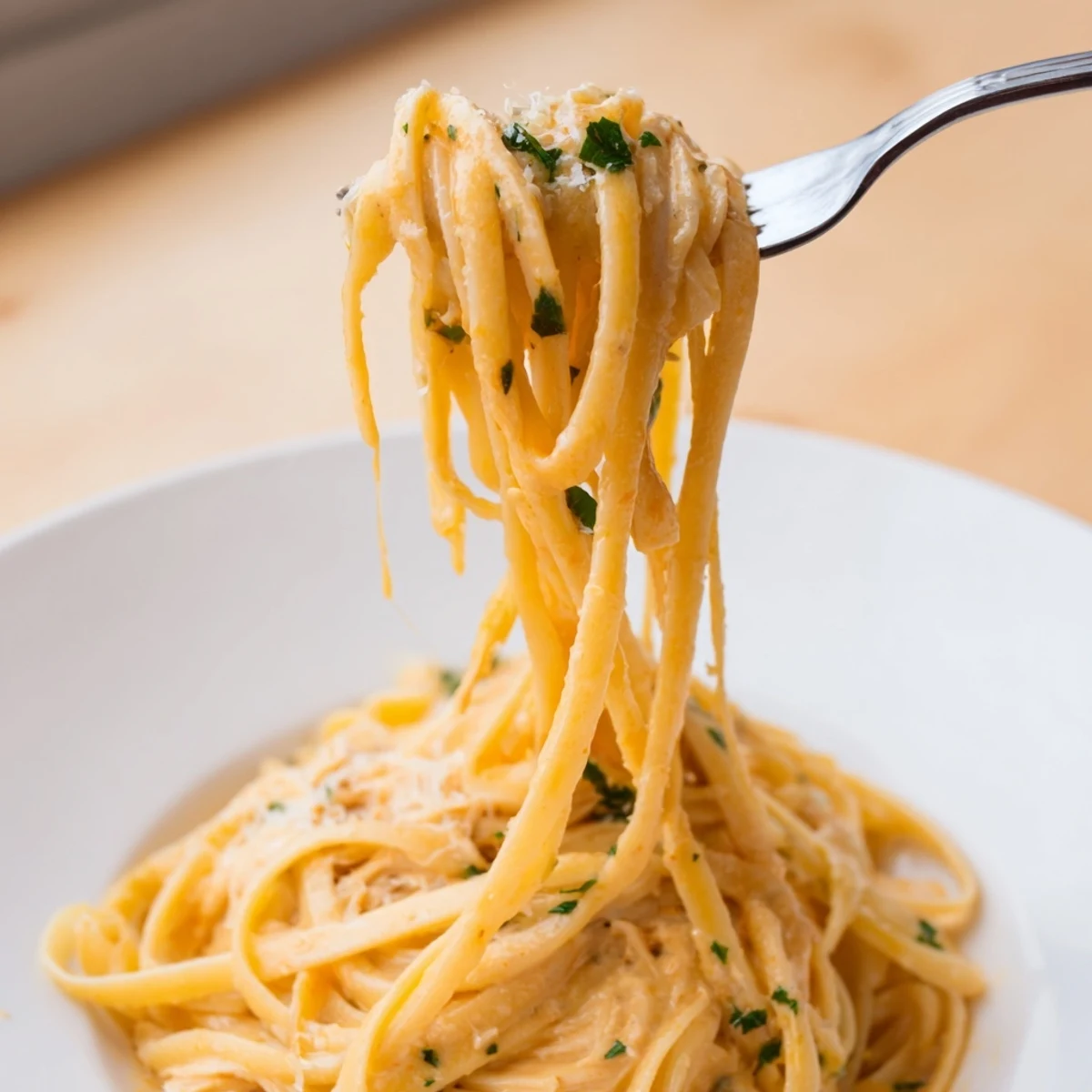 Cowboy Butter Pasta piled on plate, glossy sauce, garlic aroma, lemon wedge