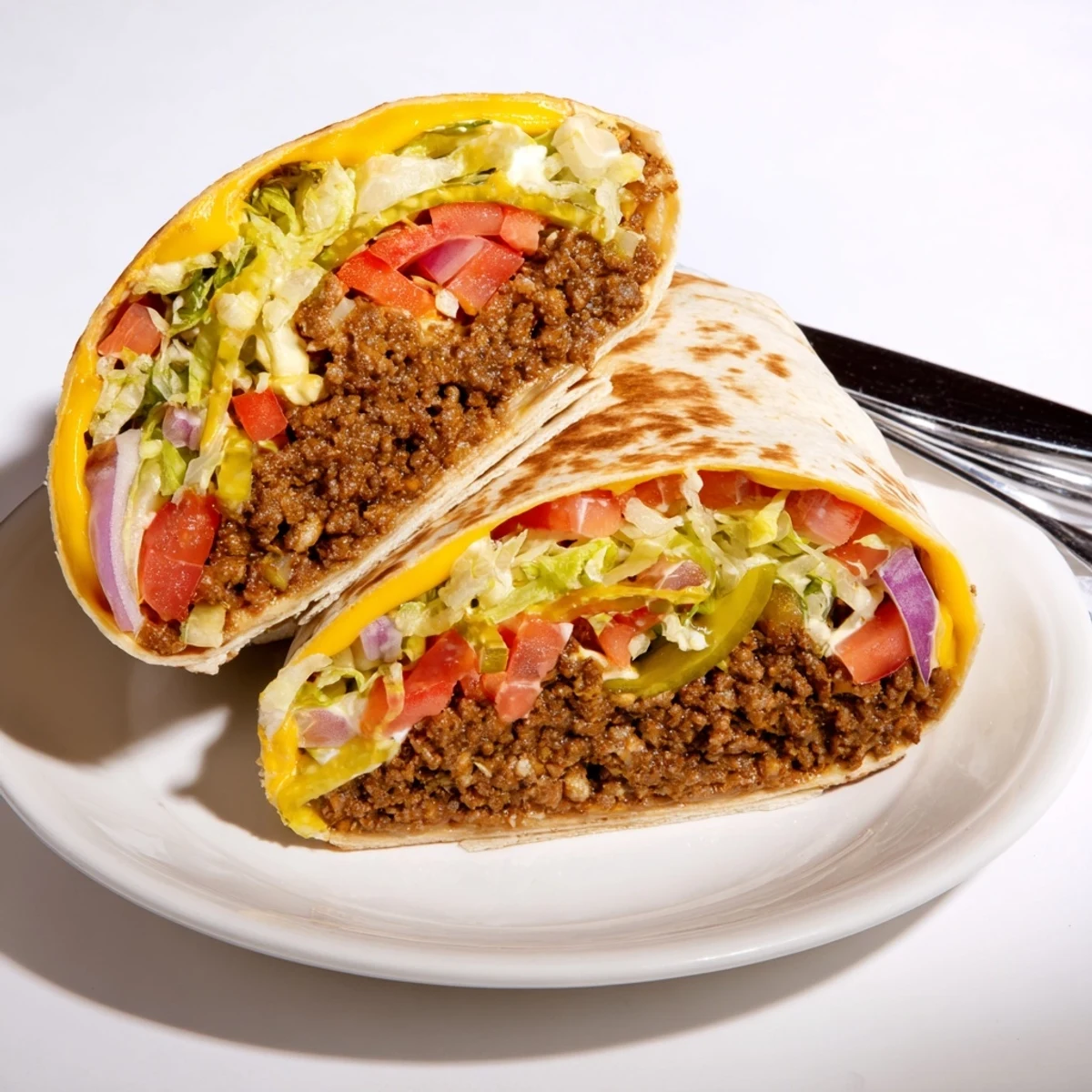 Close-up of Cheeseburger Wrap Recipe sliced in half, steam rising, sauce glistening