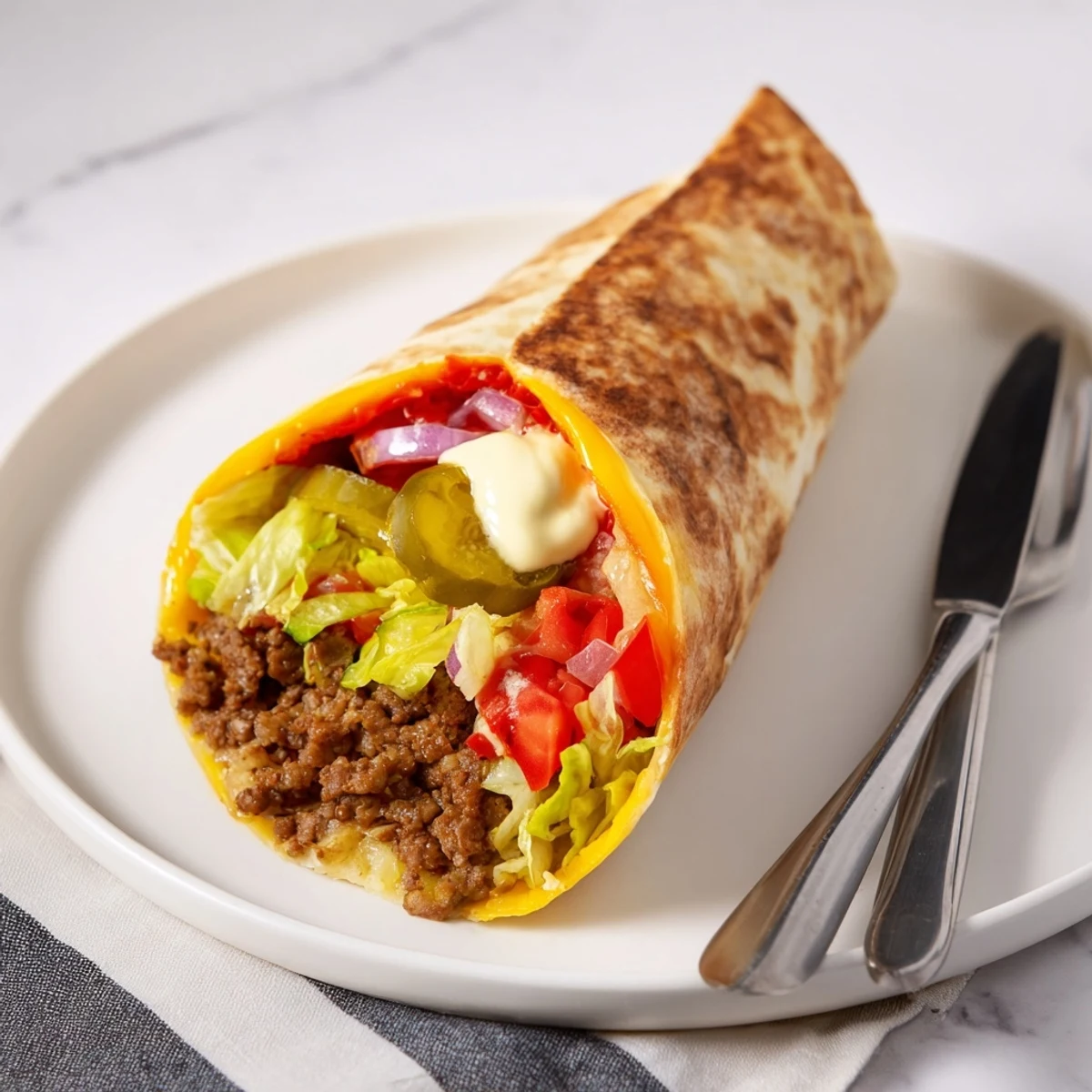 Cheeseburger Wrap Recipe showing melty cheddar, juicy beef, crisp lettuce, grilled until golden