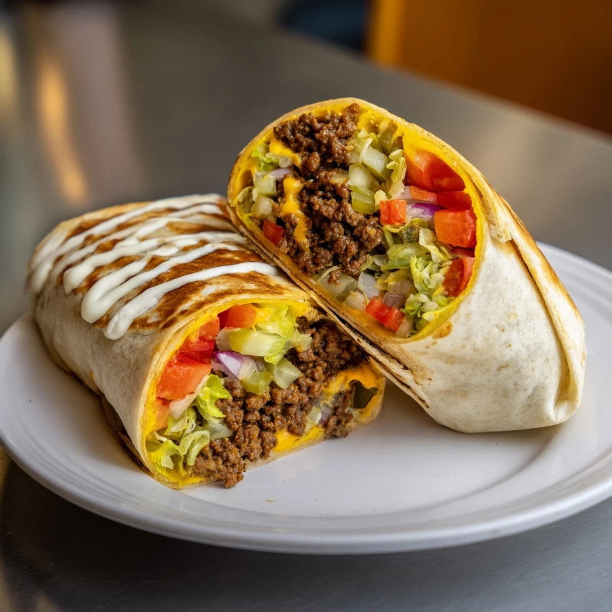 Family-style Cheeseburger Wrap Recipe plated with pickles, ketchup drizzle, ready to eat