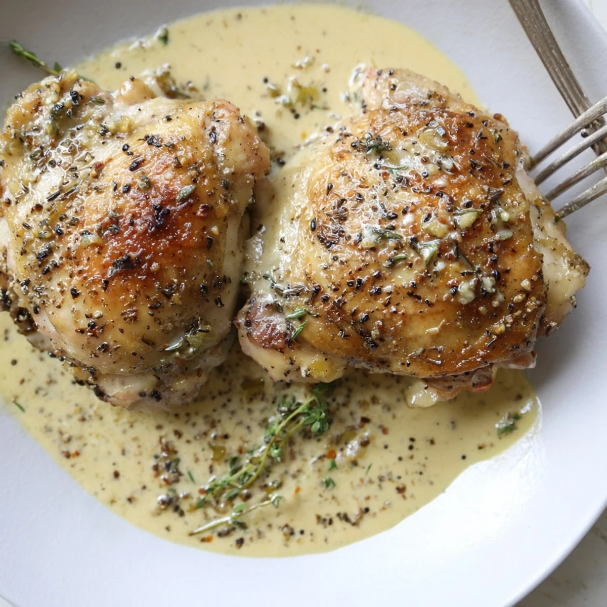 Pan-seared Creamy Garlic Chicken Thighs With Herbs, golden skin and fragrant garlic