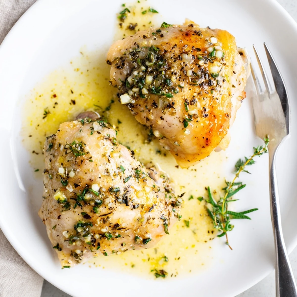 Creamy Garlic Chicken Thighs With Herbs glistening in sauce, served over mashed potatoes