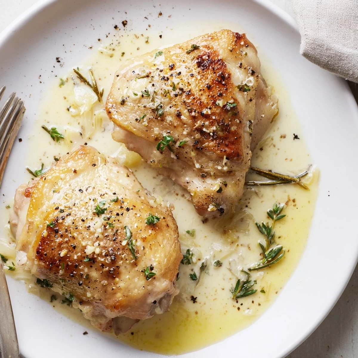 Creamy Garlic Chicken Thighs With Herbs on skillet, spooning rich herb cream