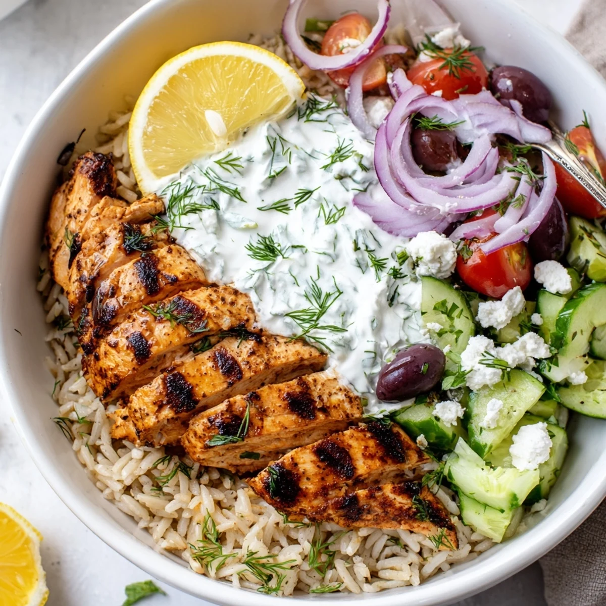 Greek Chicken Bowls with juicy grilled chicken, creamy tzatziki, lemon wedge.