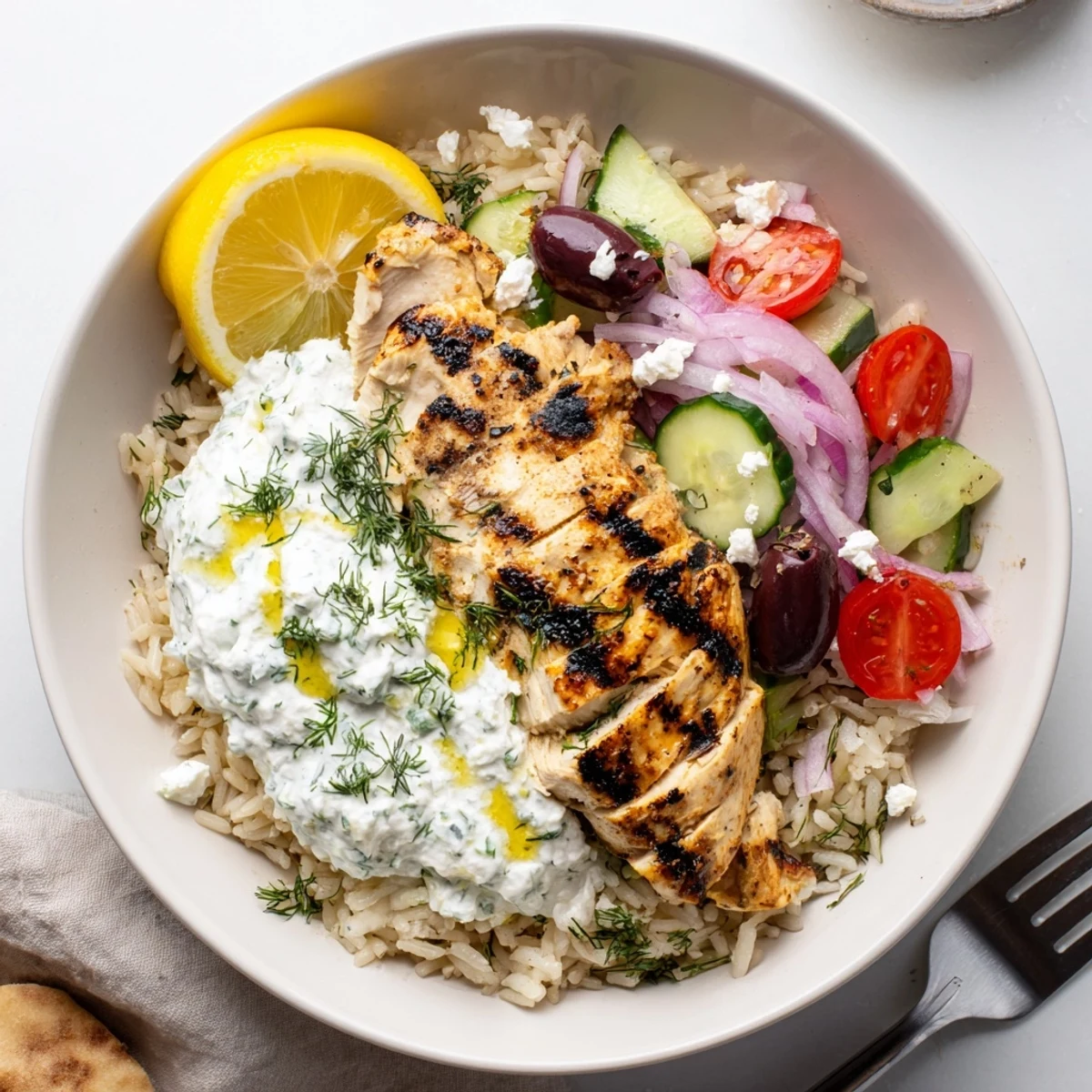 Vibrant Greek Chicken Bowls featuring herbed rice, crisp cucumber, crumbled feta.