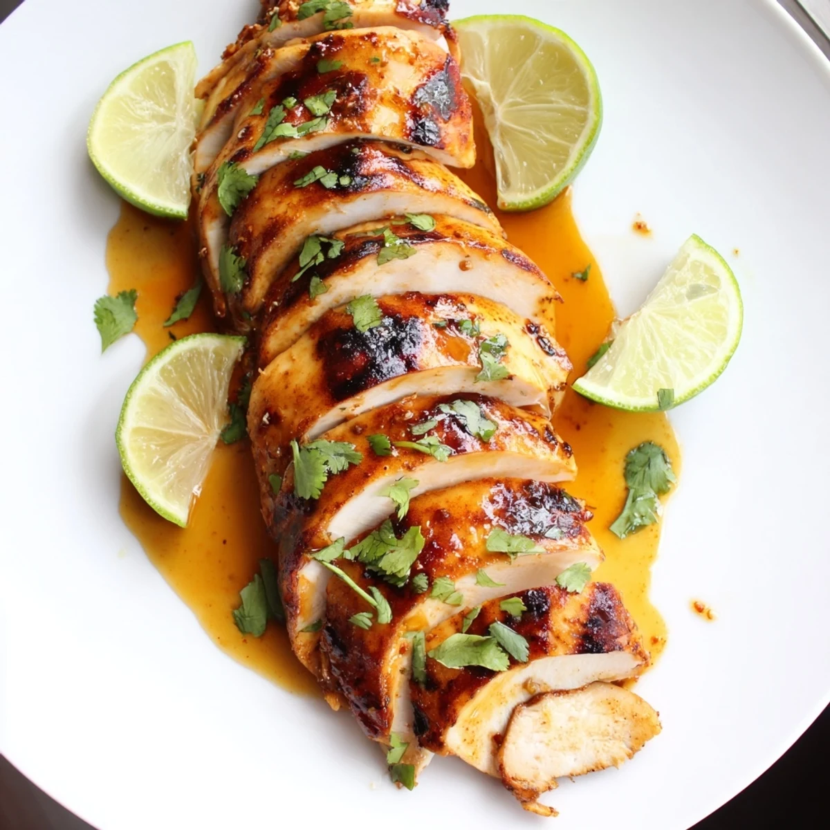 Key West Grilled Chicken With Tropical Citrus Marinade plated with cilantro and lime