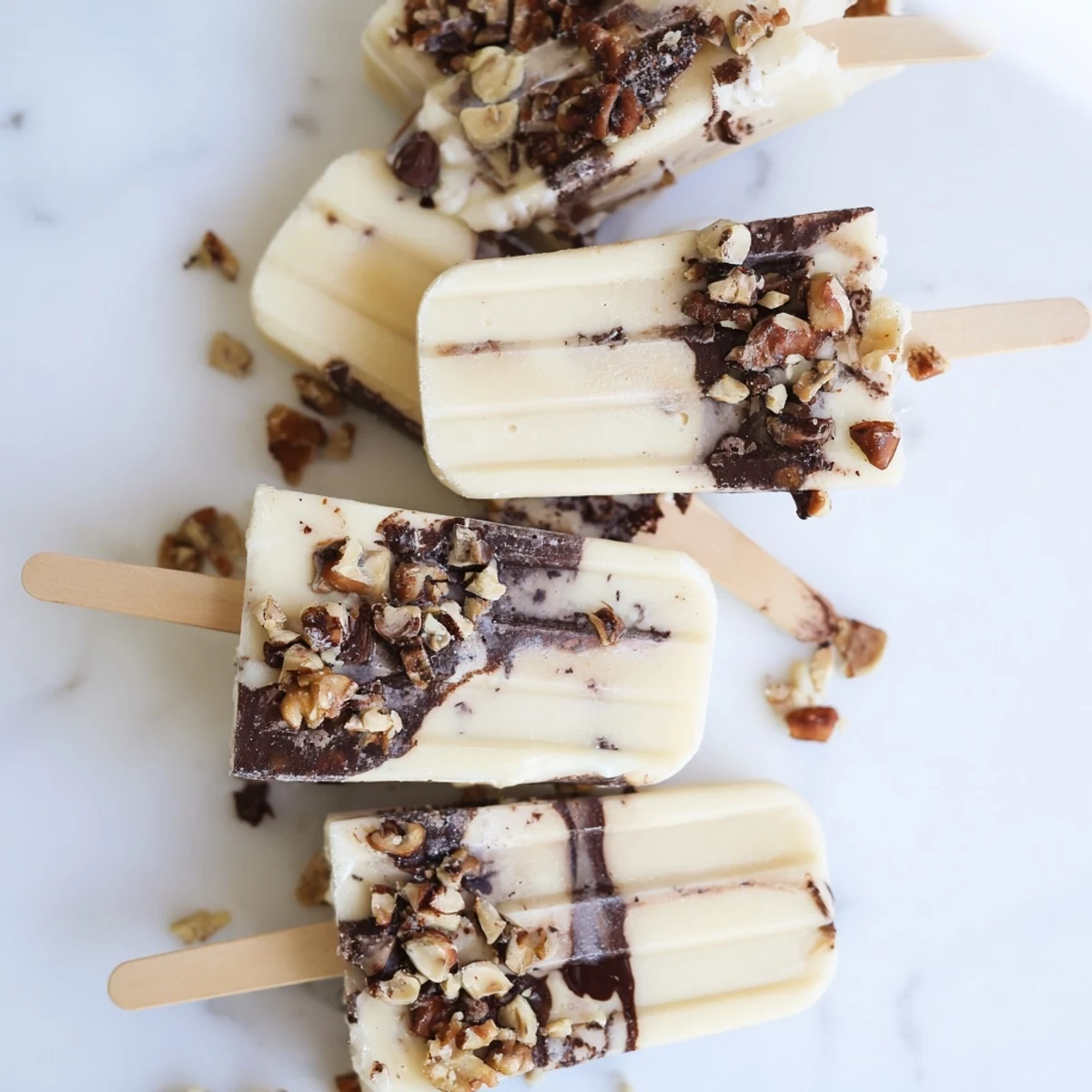 Creamy chocolate banana bliss popsicles swirled with dark chocolate and topped with mini chips
