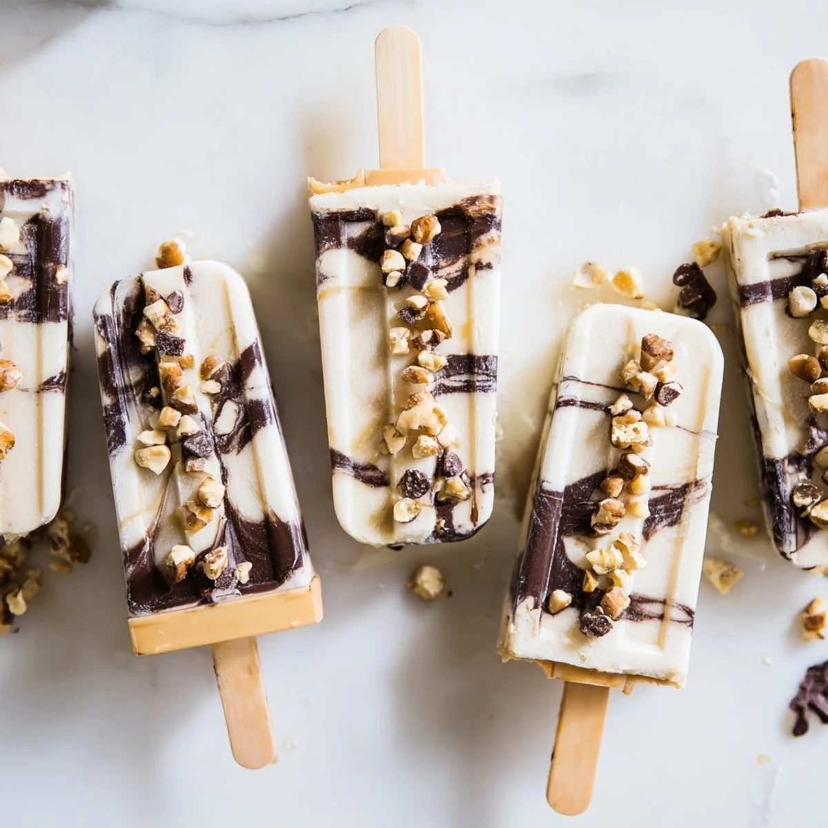 Rich and refreshing chocolate banana bliss popsicles with glossy chocolate drizzle on white background