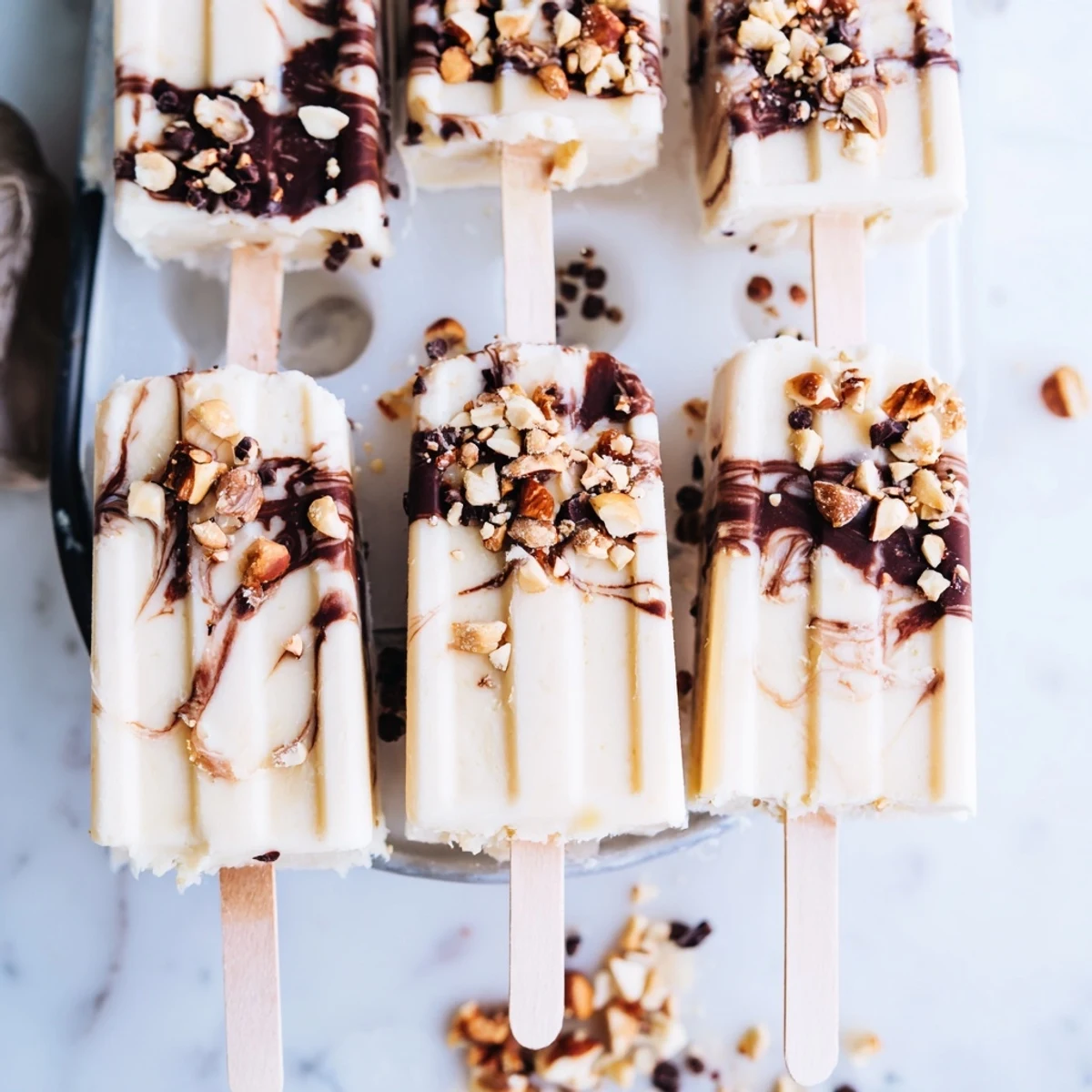 Frozen chocolate banana bliss popsicles featuring marbled chocolate swirls on a wooden stick