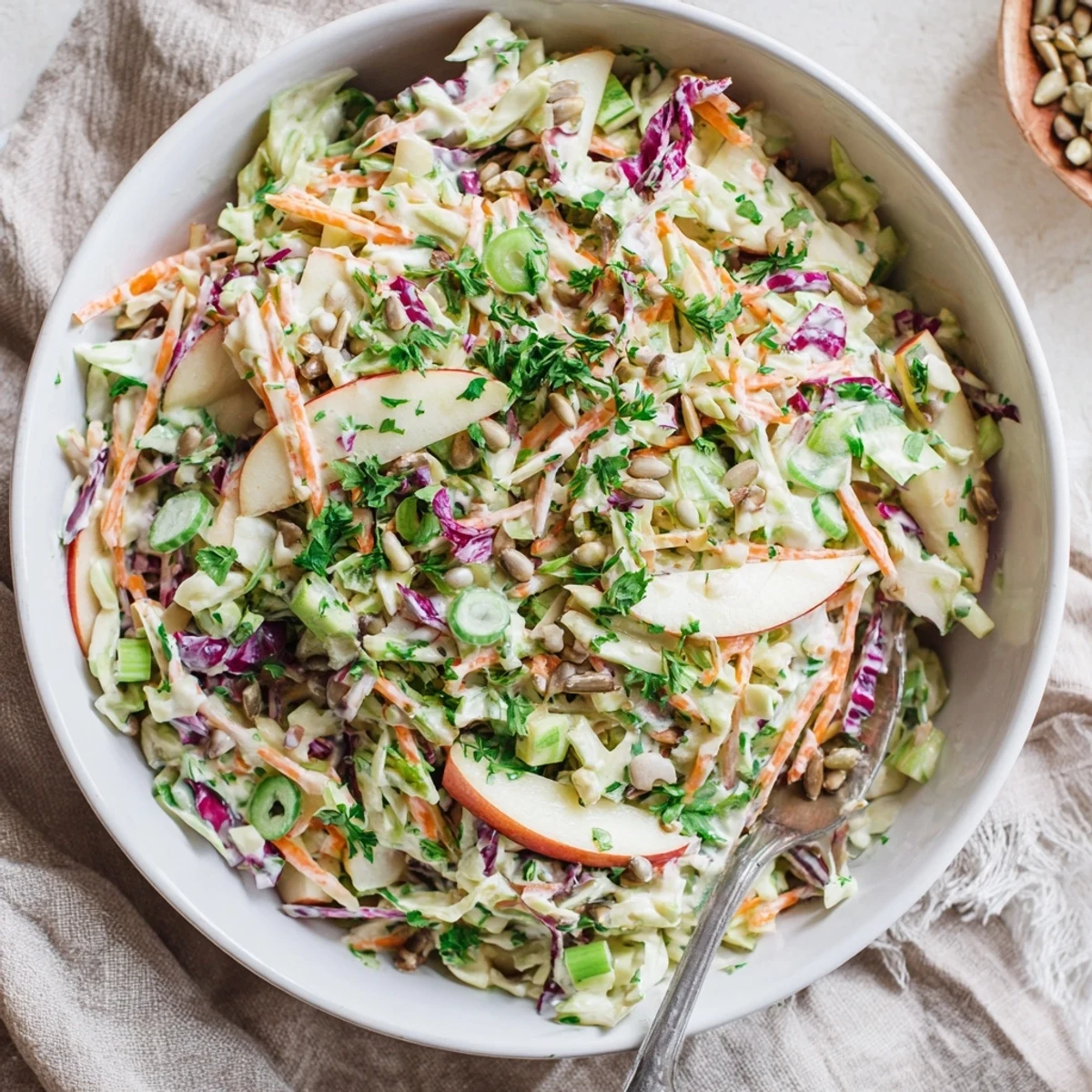 Crisp apple coleslaw with shredded cabbage and creamy dressing in white bowl